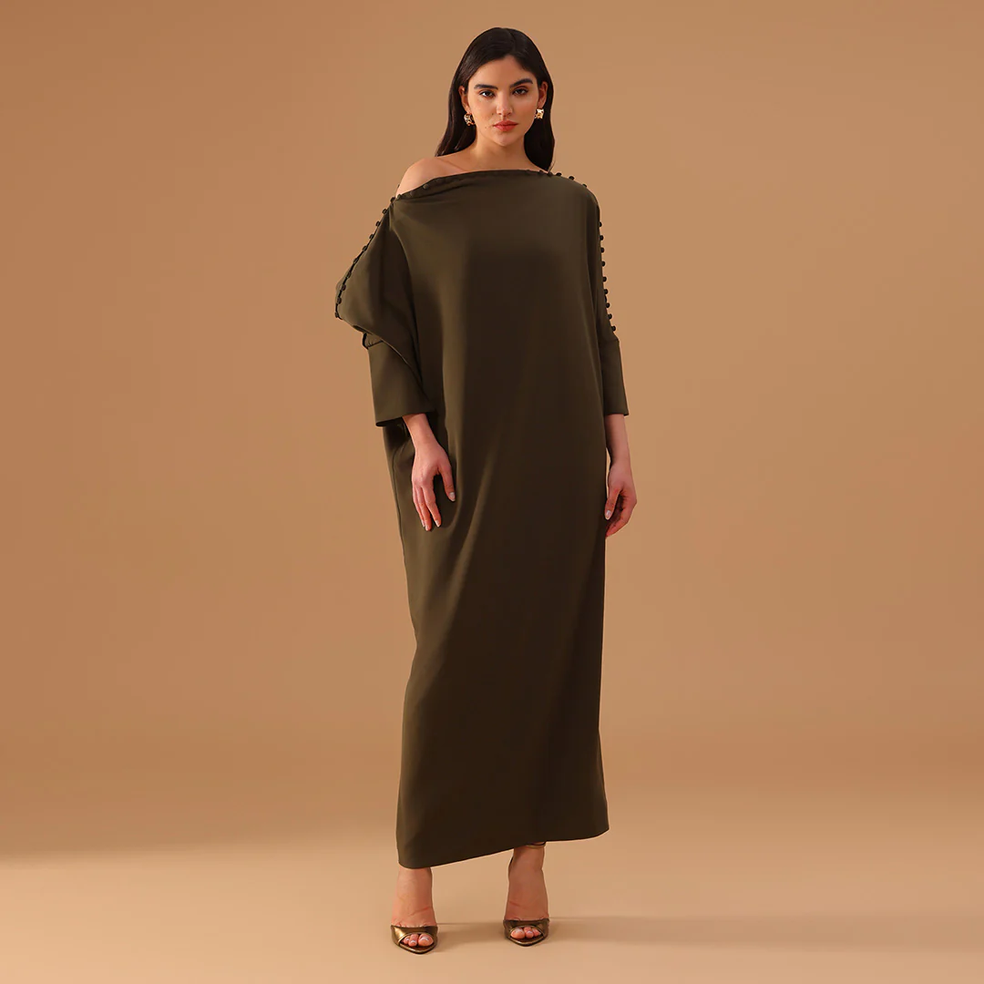 Green Off Shoulder Long Sleeve Crepe Kaftan