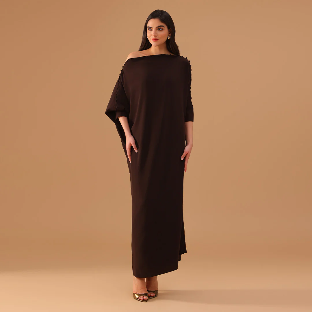 Brown Off Shoulder Long Sleeve Crepe Kaftan