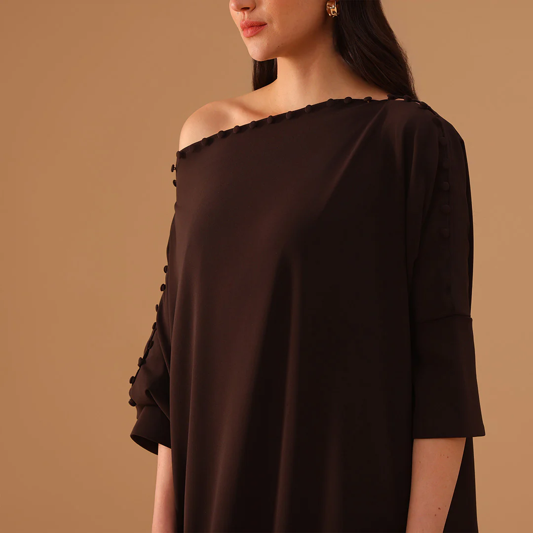 Brown Off Shoulder Long Sleeve Crepe Kaftan - Image 3