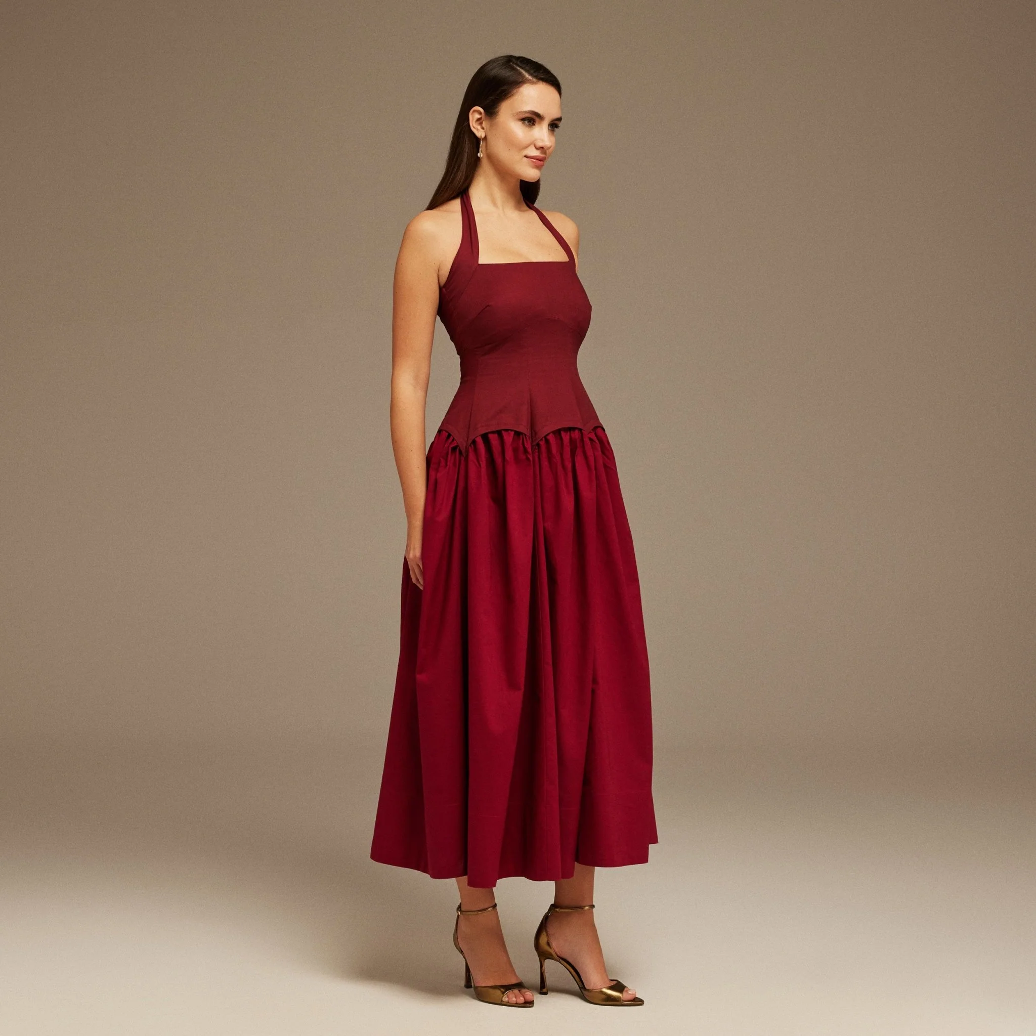 Halter Neck Gathered Waist Midi Dress - Image 2
