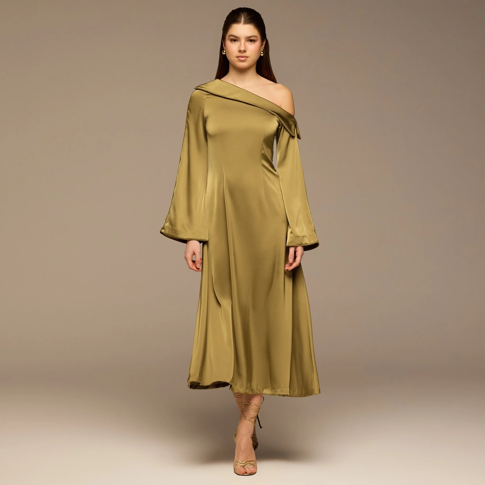 Olive Fold Neck Satin Dress