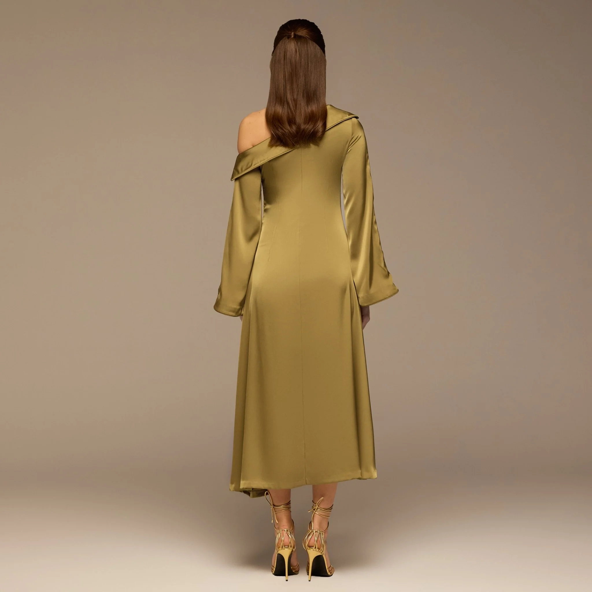 Olive Fold Neck Satin Dress - Image 4