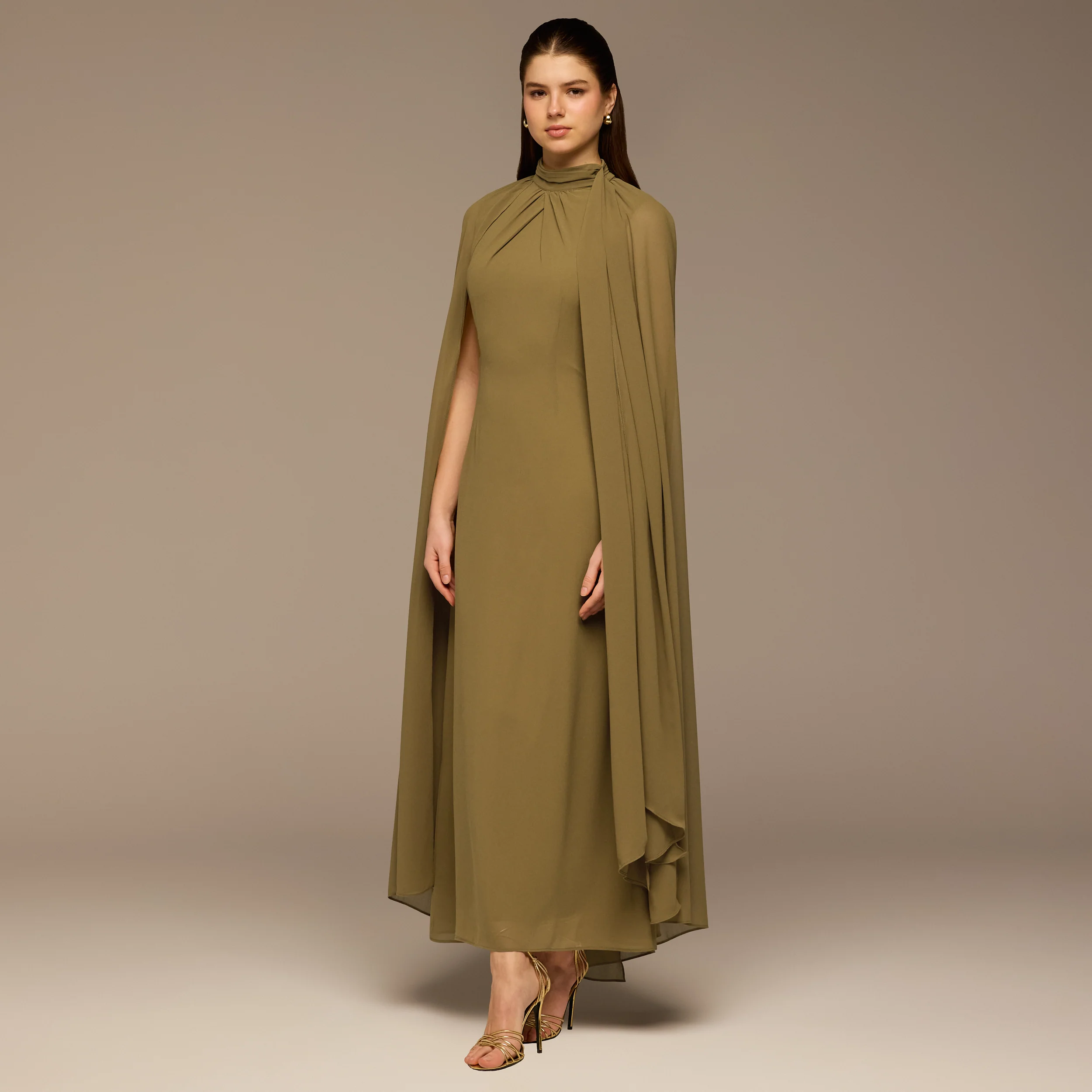 Olive High Neck Chiffon Maxi Dress - Image 2