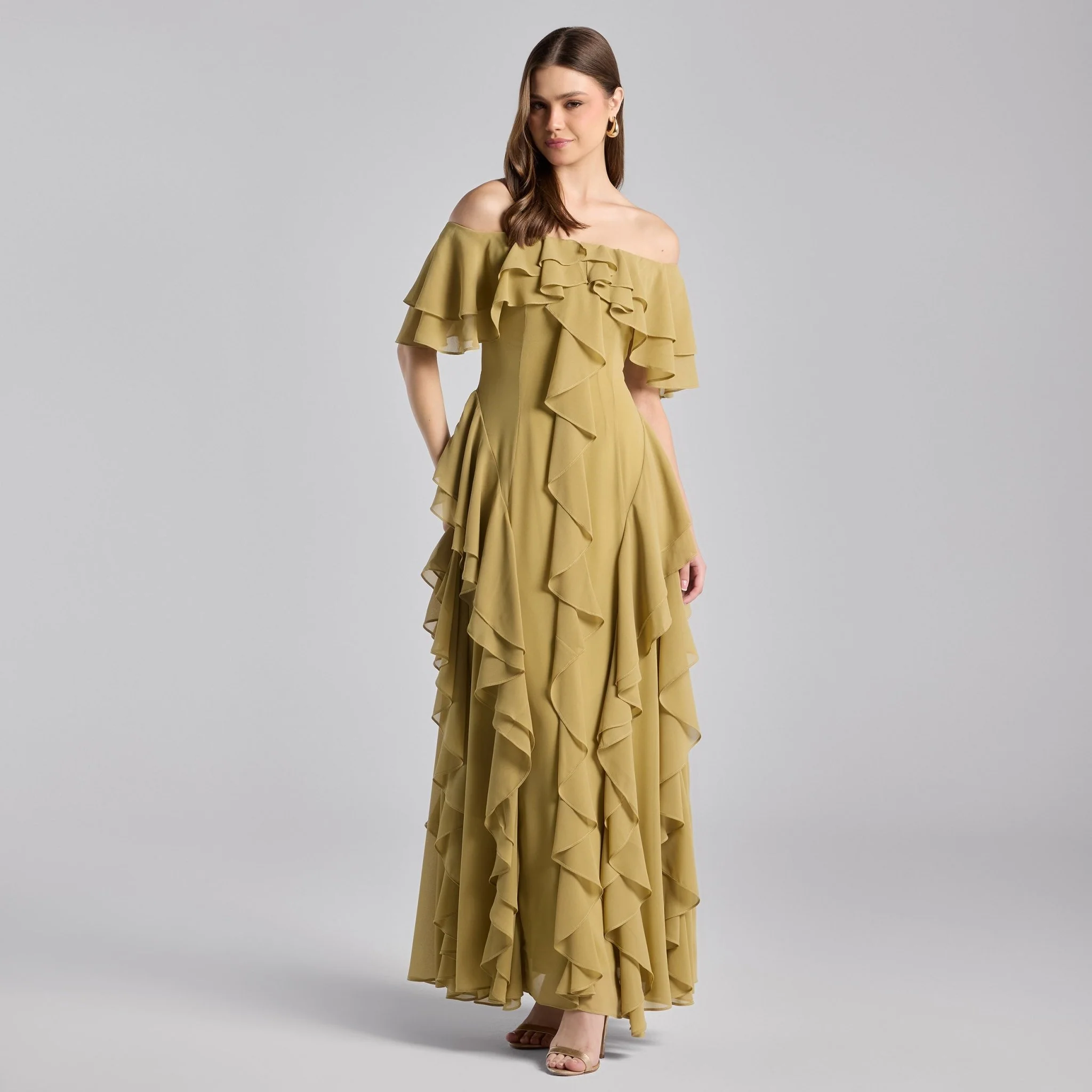 Olive Green Off Shoulder Chiffon Maxi Dress With Ruffles