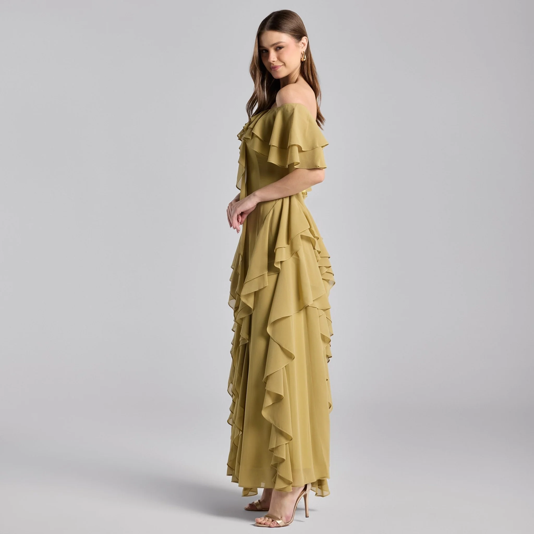 Olive Green Off Shoulder Chiffon Maxi Dress With Ruffles - Image 2