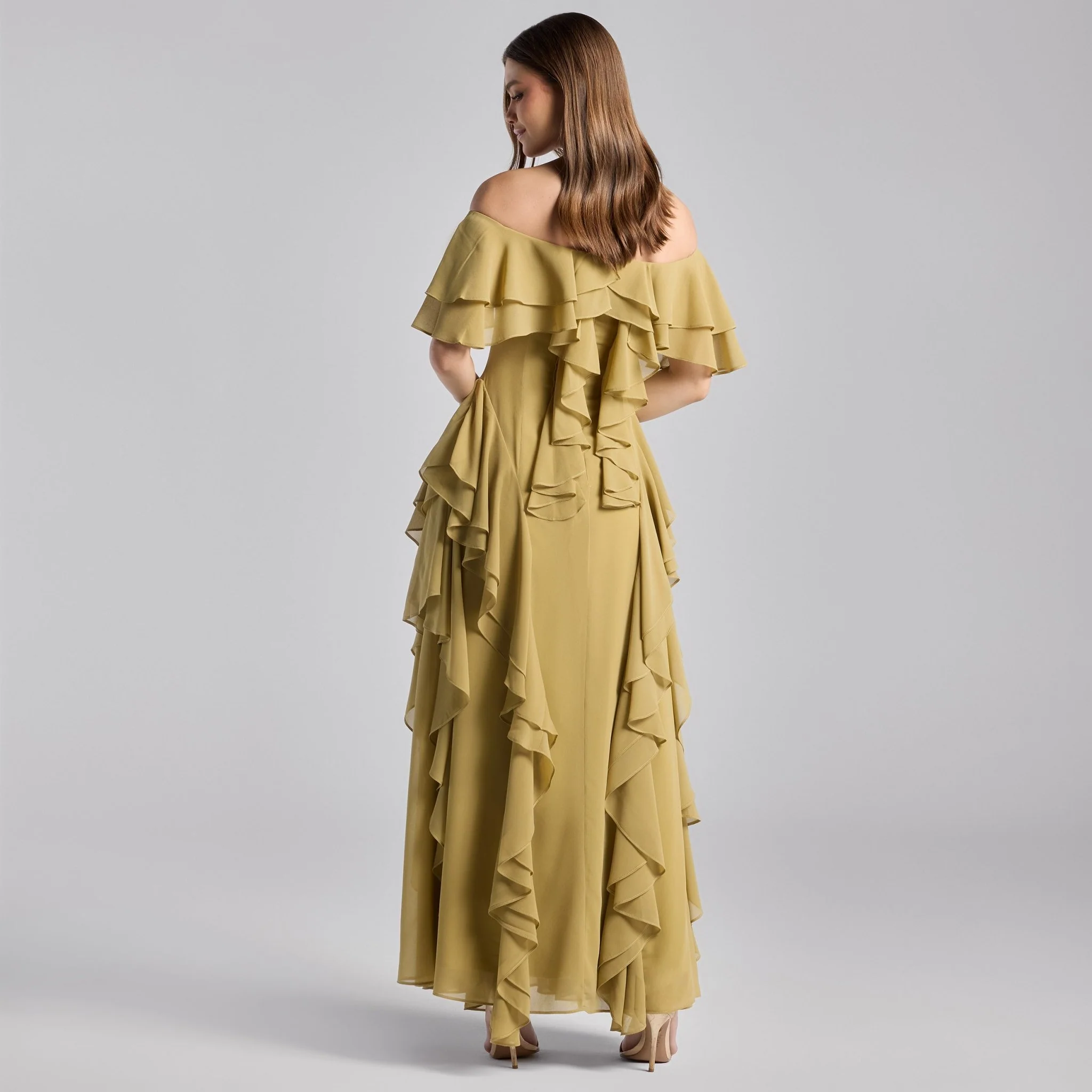 Olive Green Off Shoulder Chiffon Maxi Dress With Ruffles - Image 4