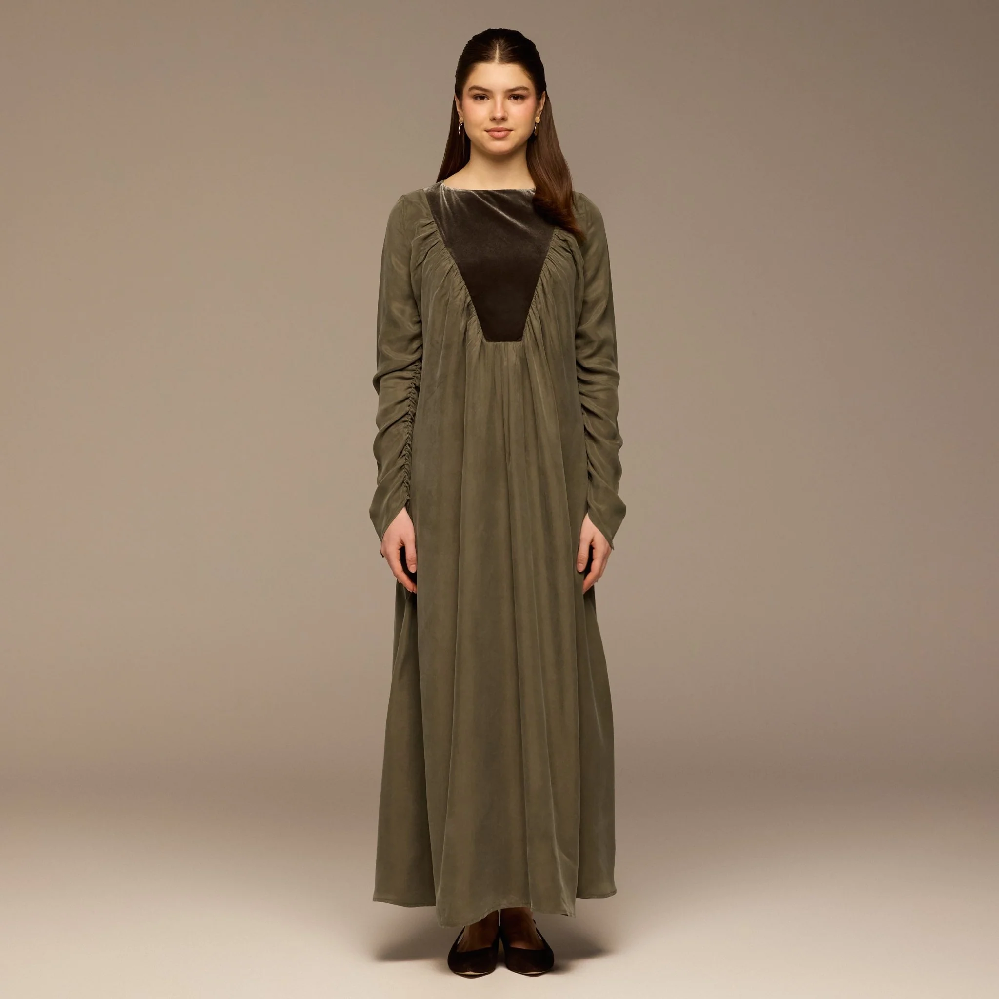 Olive Cupro Dress with Velvet Panel Detail
