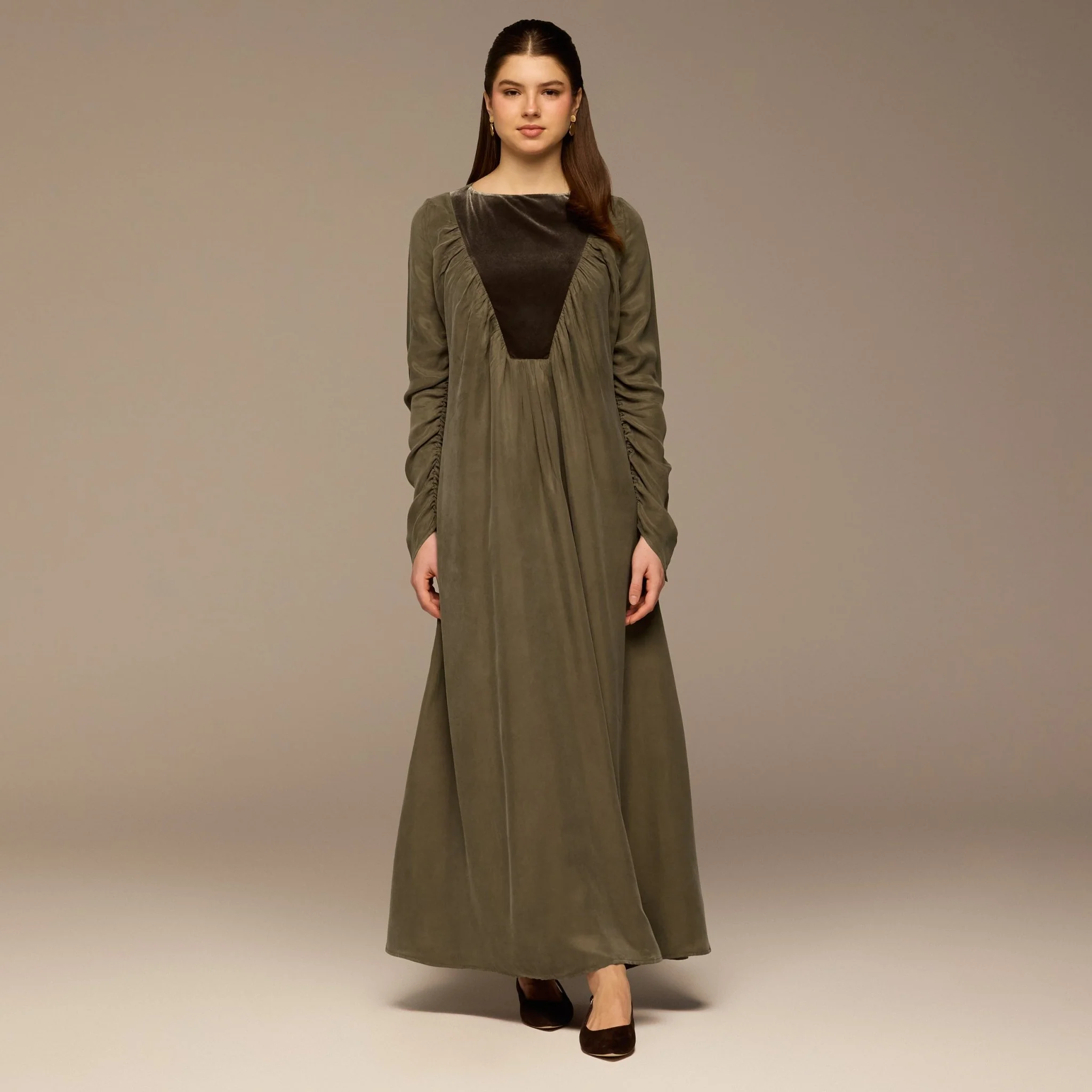 Olive Cupro Dress with Velvet Panel Detail - Image 2