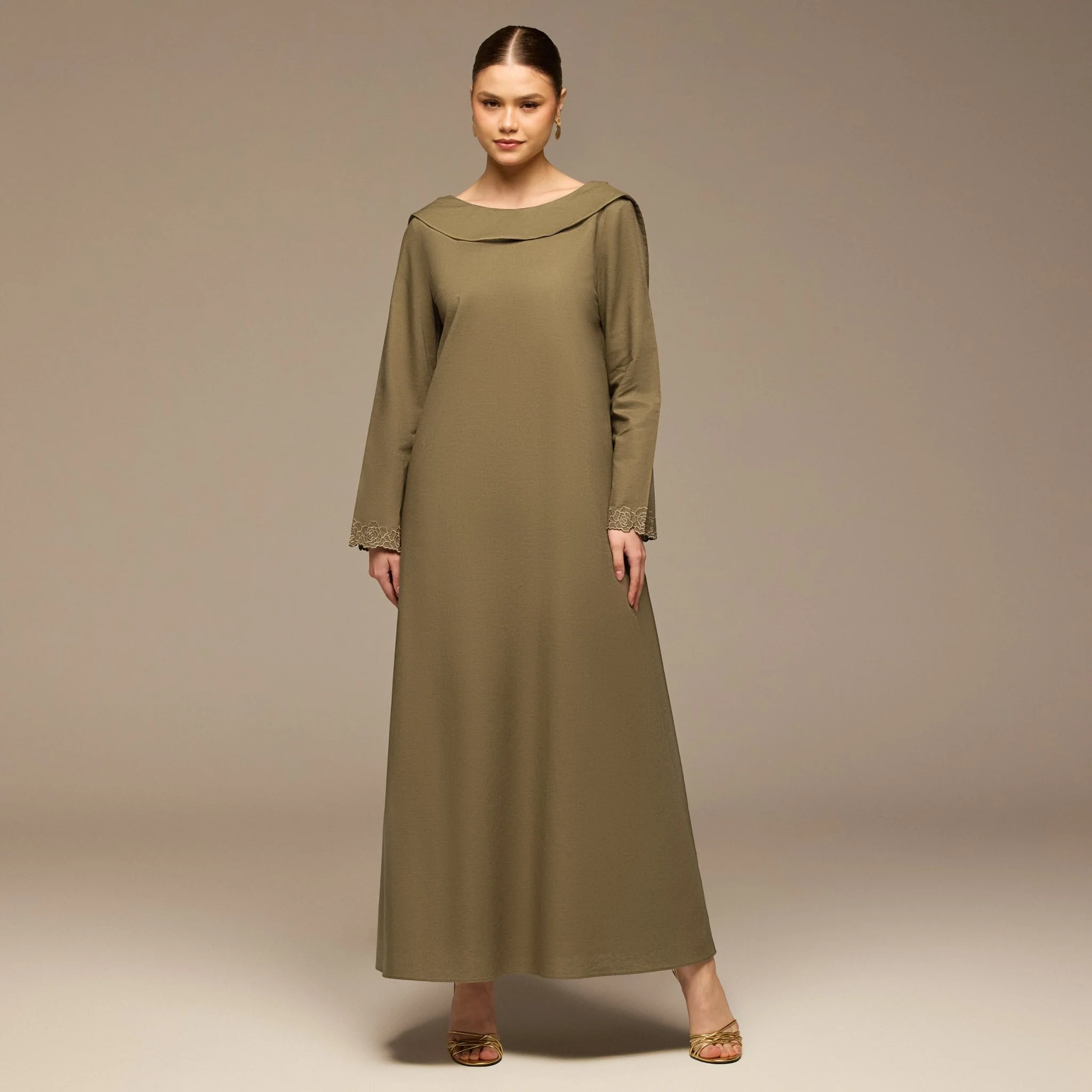Olive Folded-Neck Linen Maxi Dress