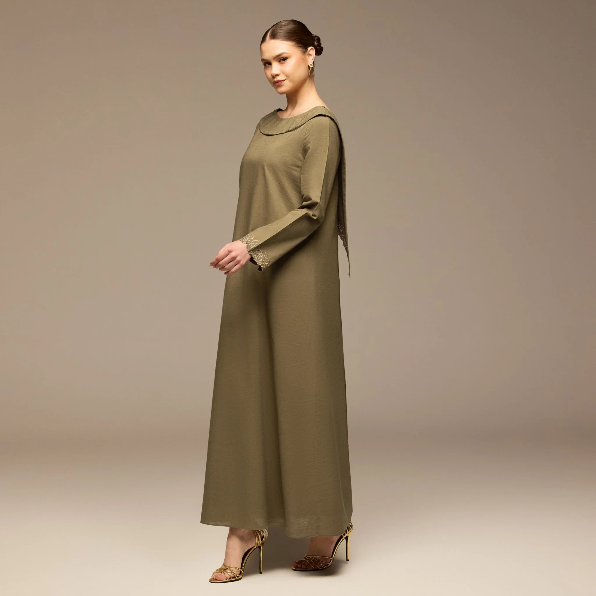 Olive Folded-Neck Linen Maxi Dress - Image 3