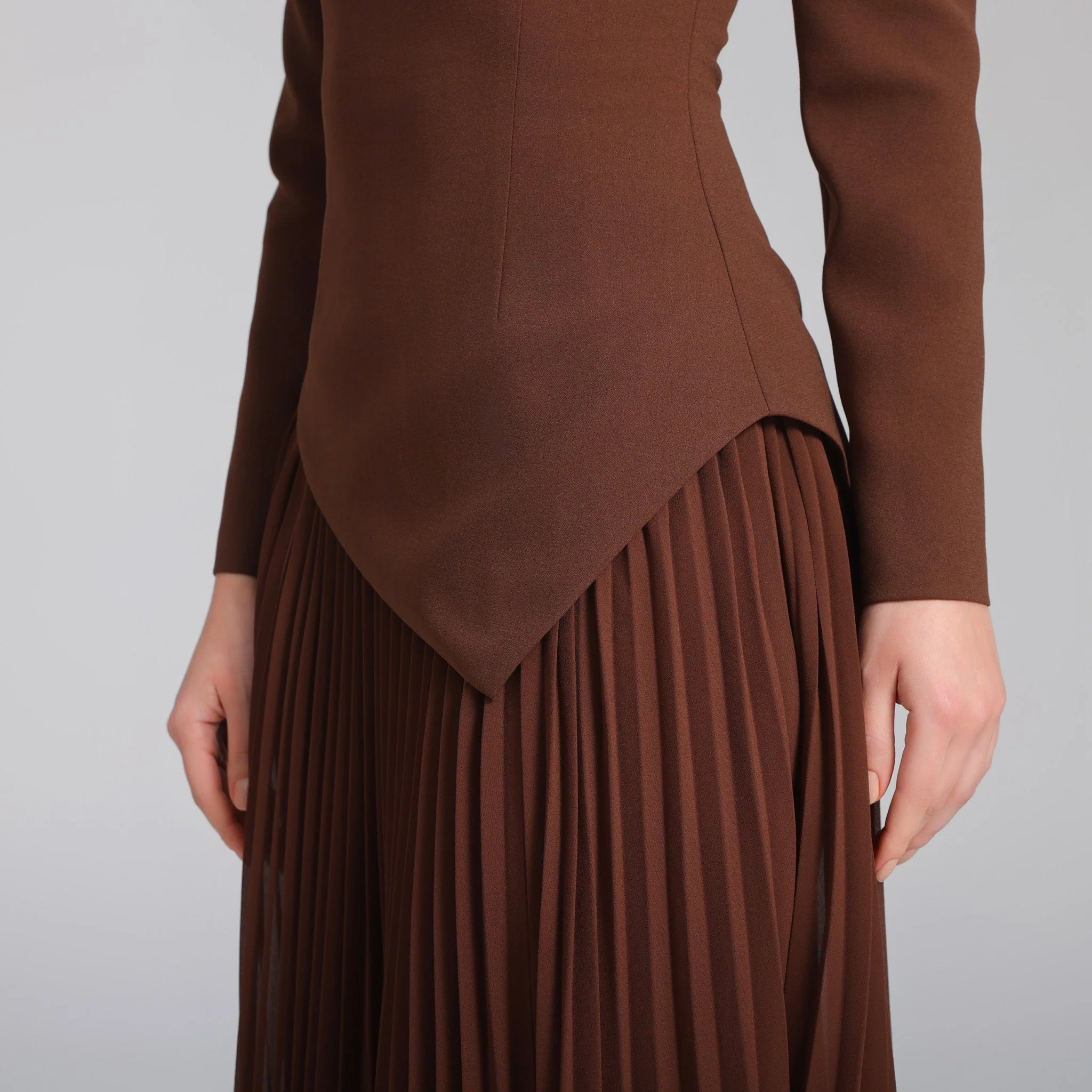 Brown One-shoulder Crepe Dress With Pleated Skirt - Image 3