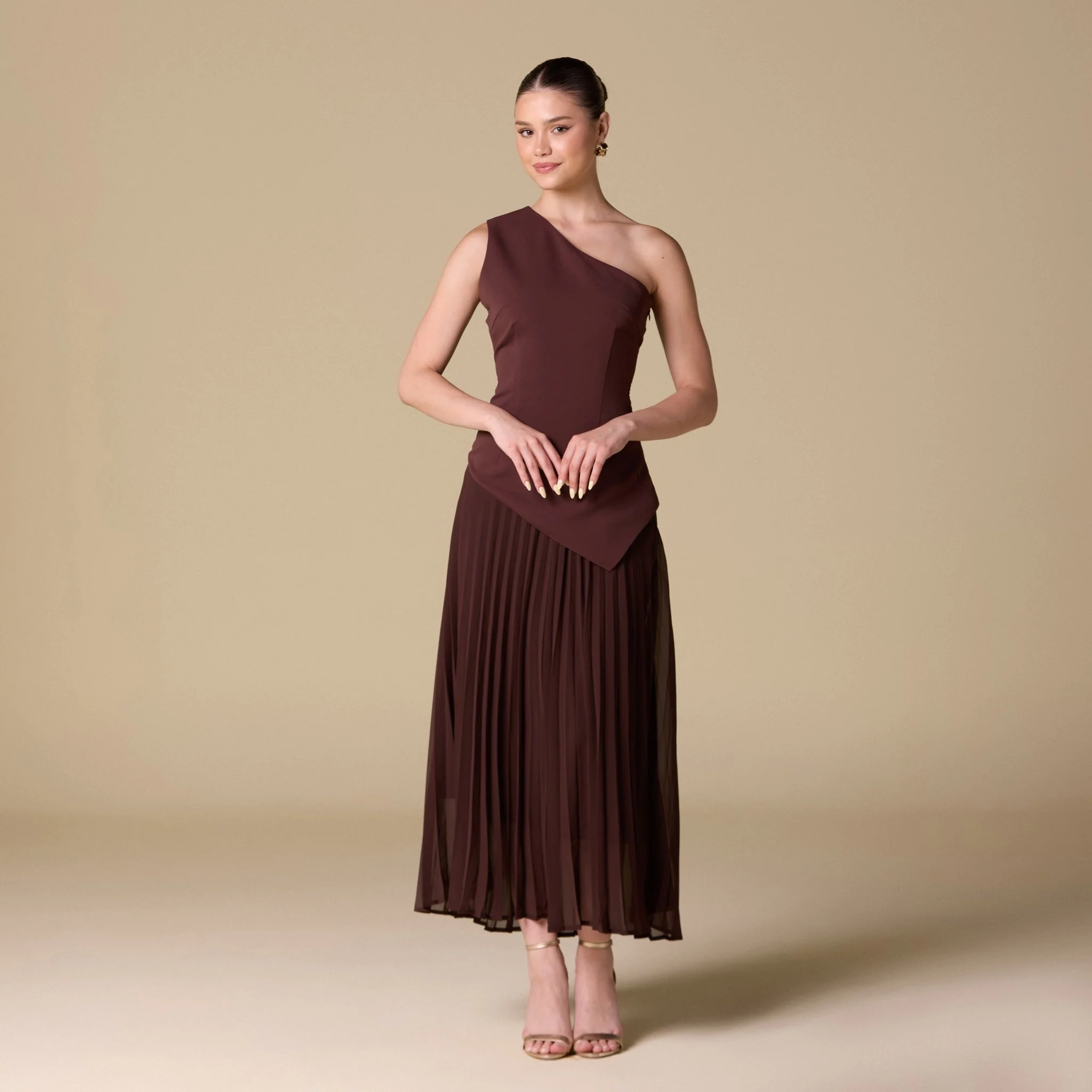 One-shoulder Crepe Dress With Pleated Skirt - Image 5