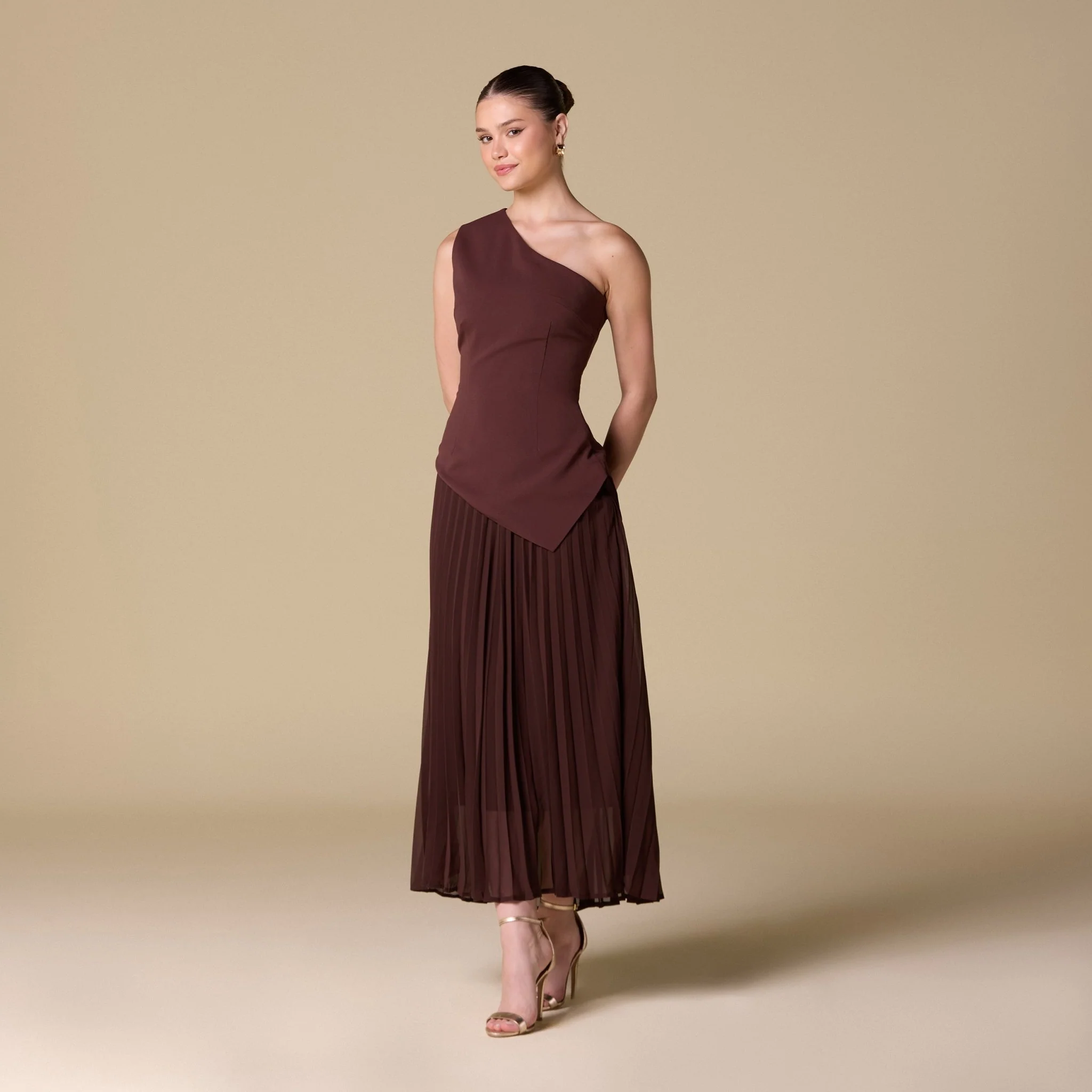 One-shoulder Crepe Dress With Pleated Skirt - Image 6
