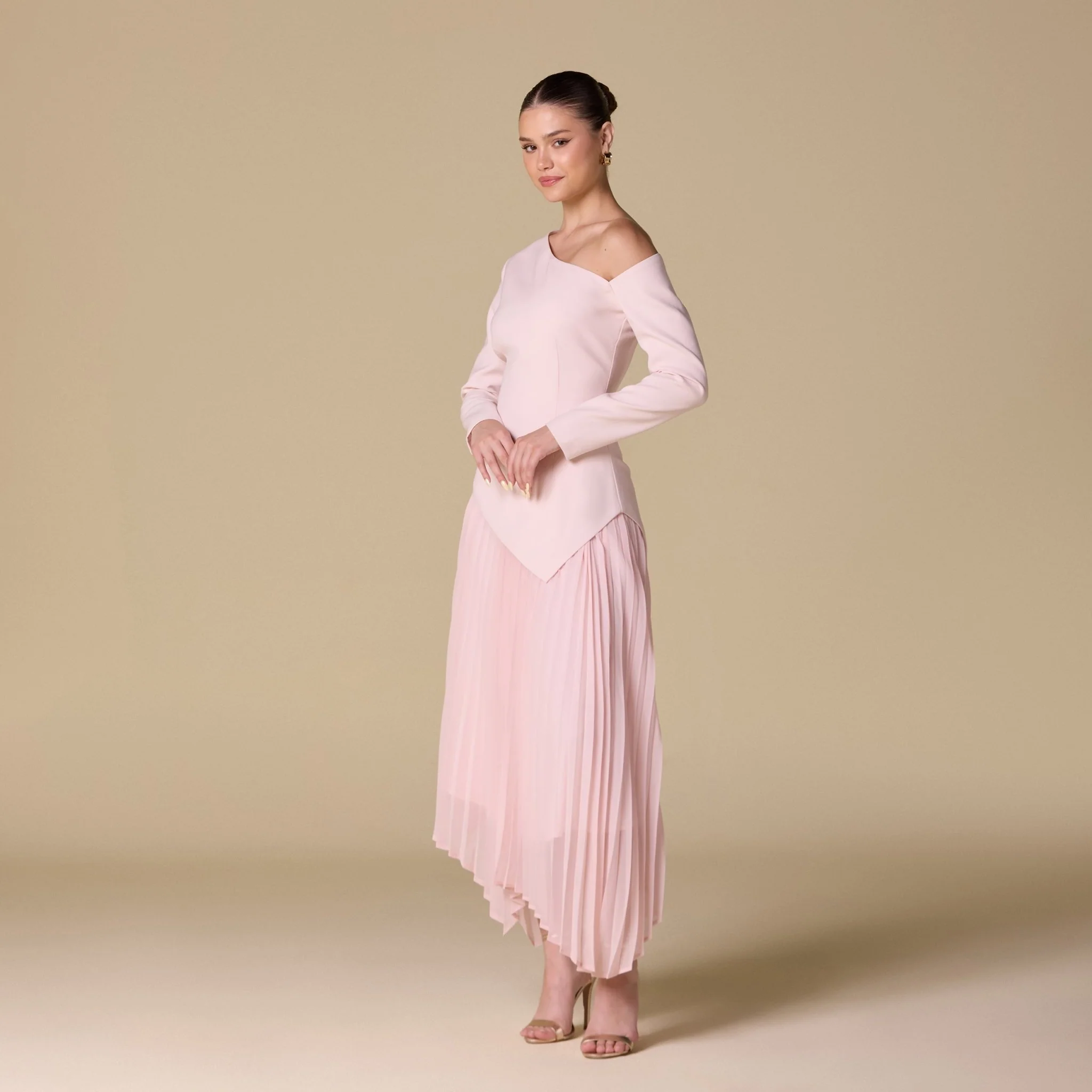 One-shoulder Crepe Dress With Pleated Skirt - Image 2
