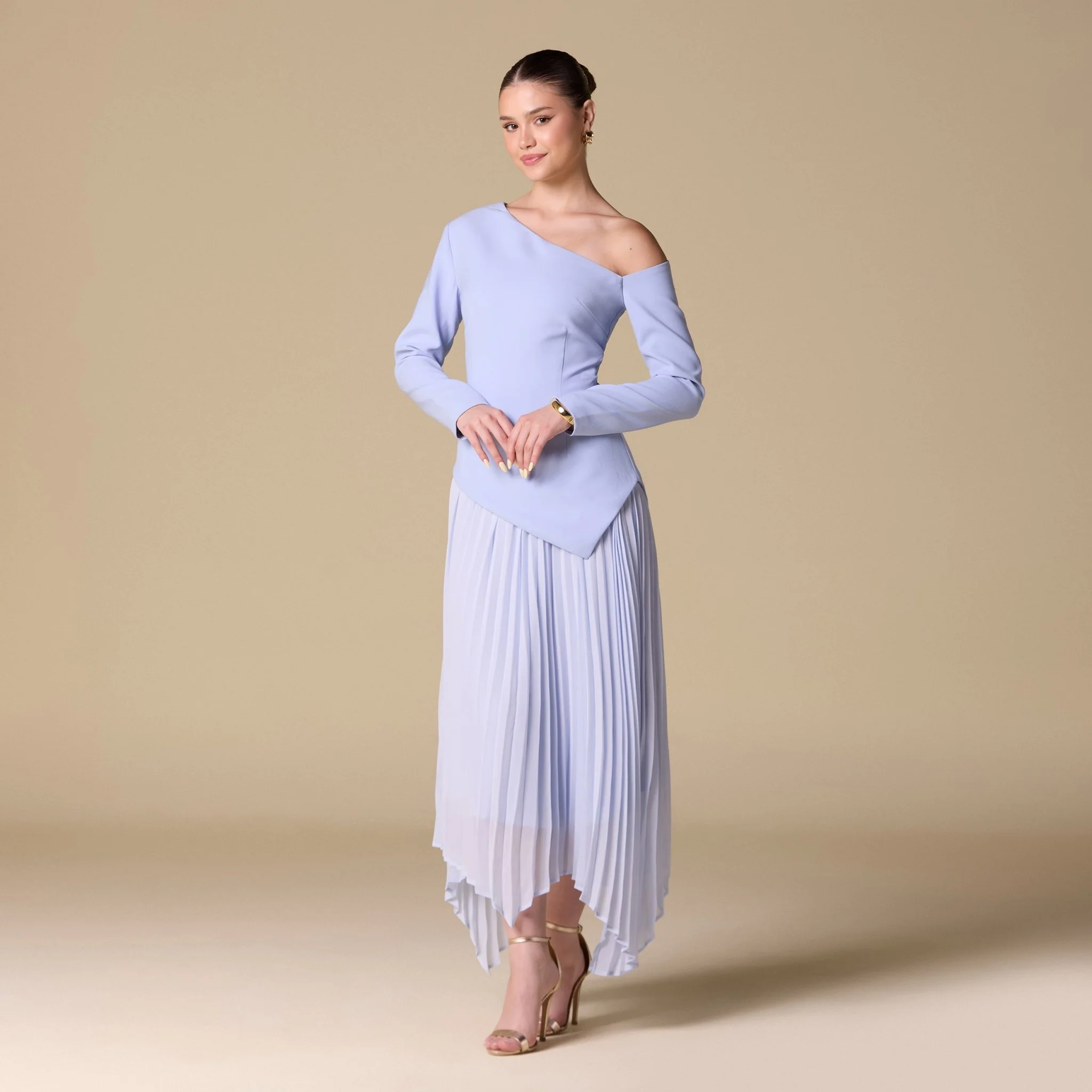 One-shoulder Crepe Dress With Pleated Skirt - Image 5