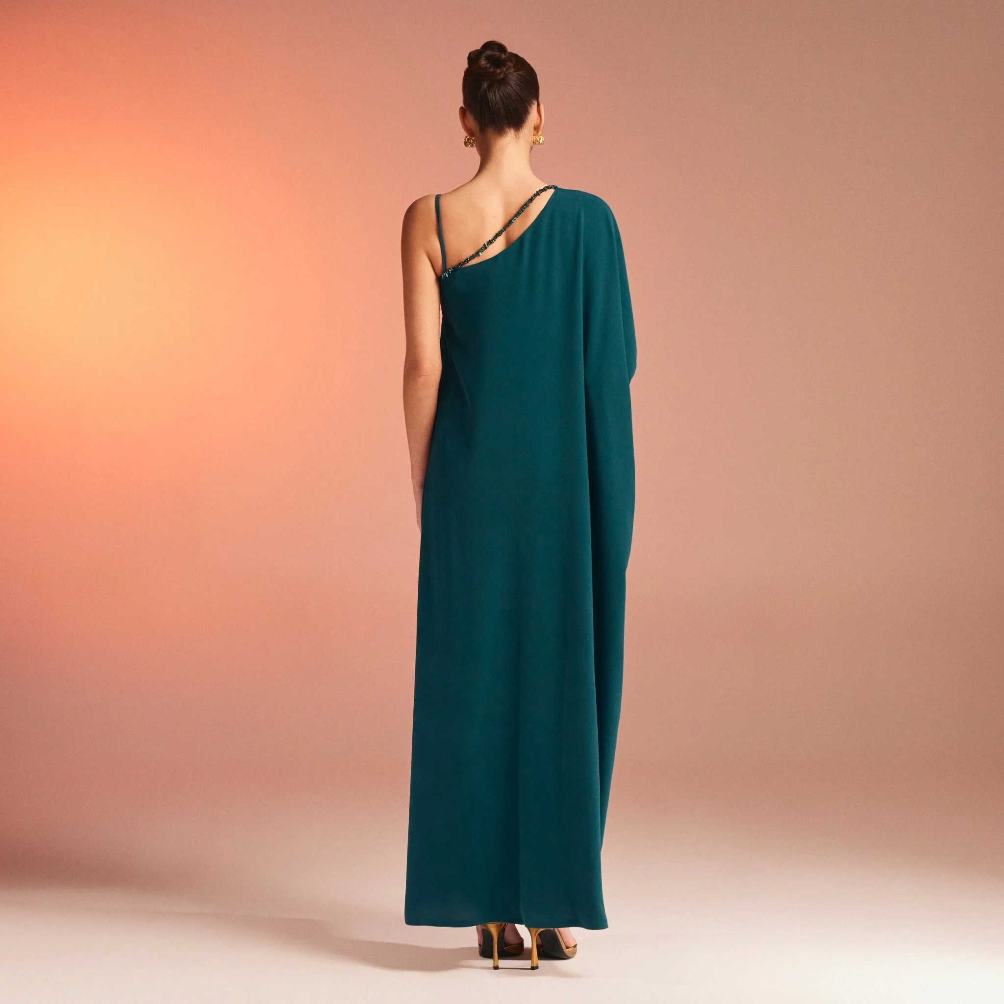 Dark Green One Shoulder Long Sleeve Crepe Dress - Image 3