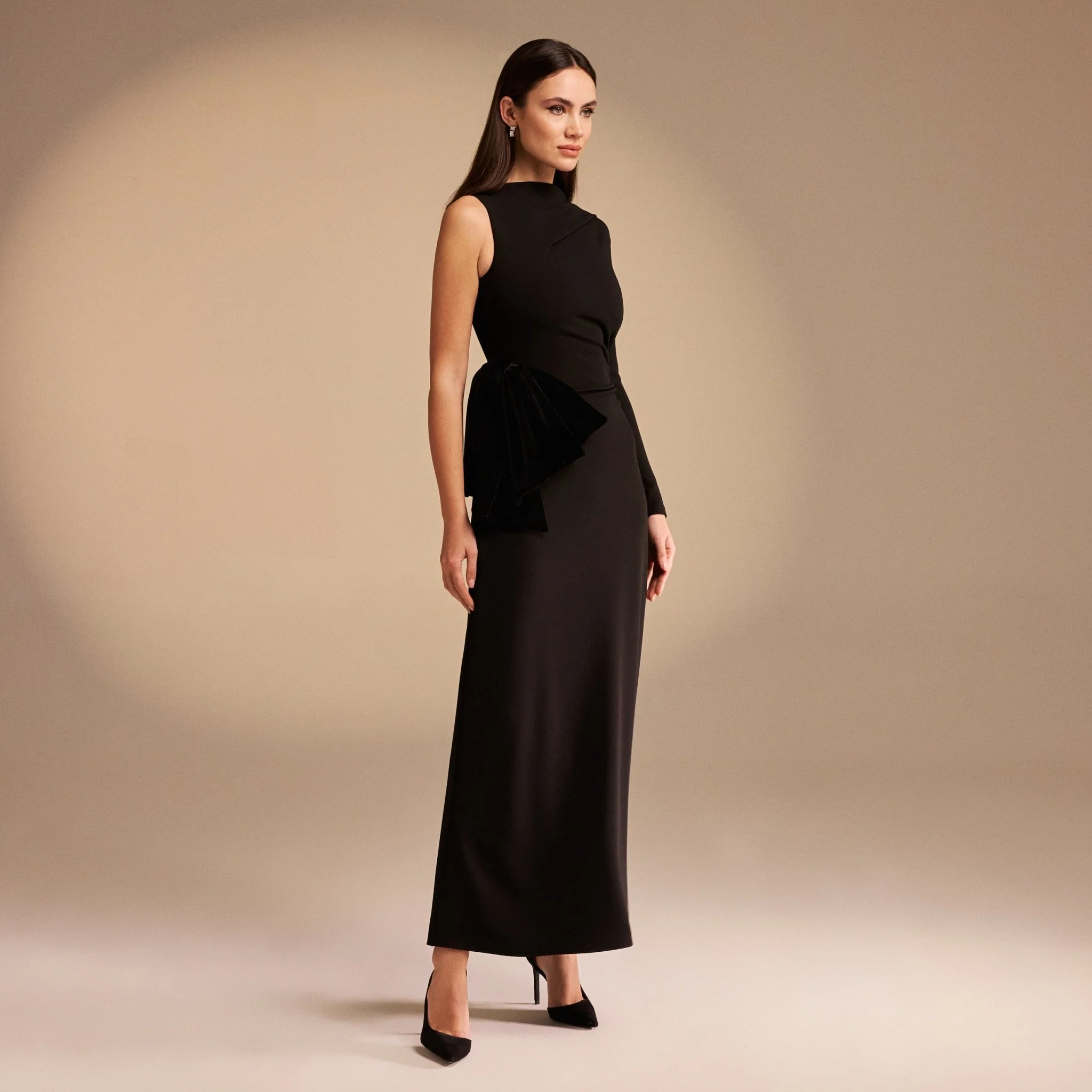 Black One Sleeve Crepe Midi Dress With Waist Bow - Image 2