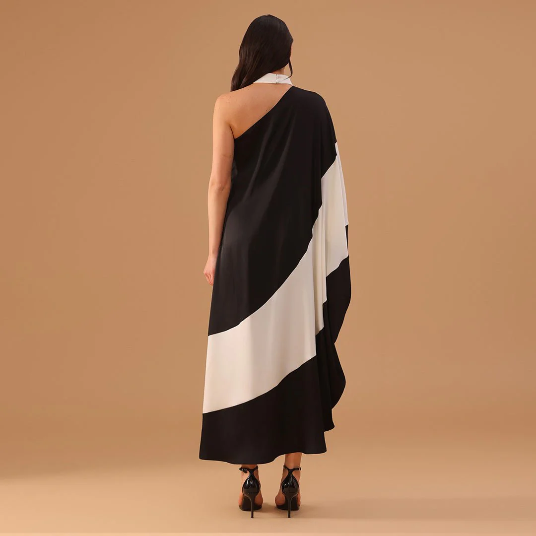 Black & White One Shoulder Satin Kaftan - Image 5