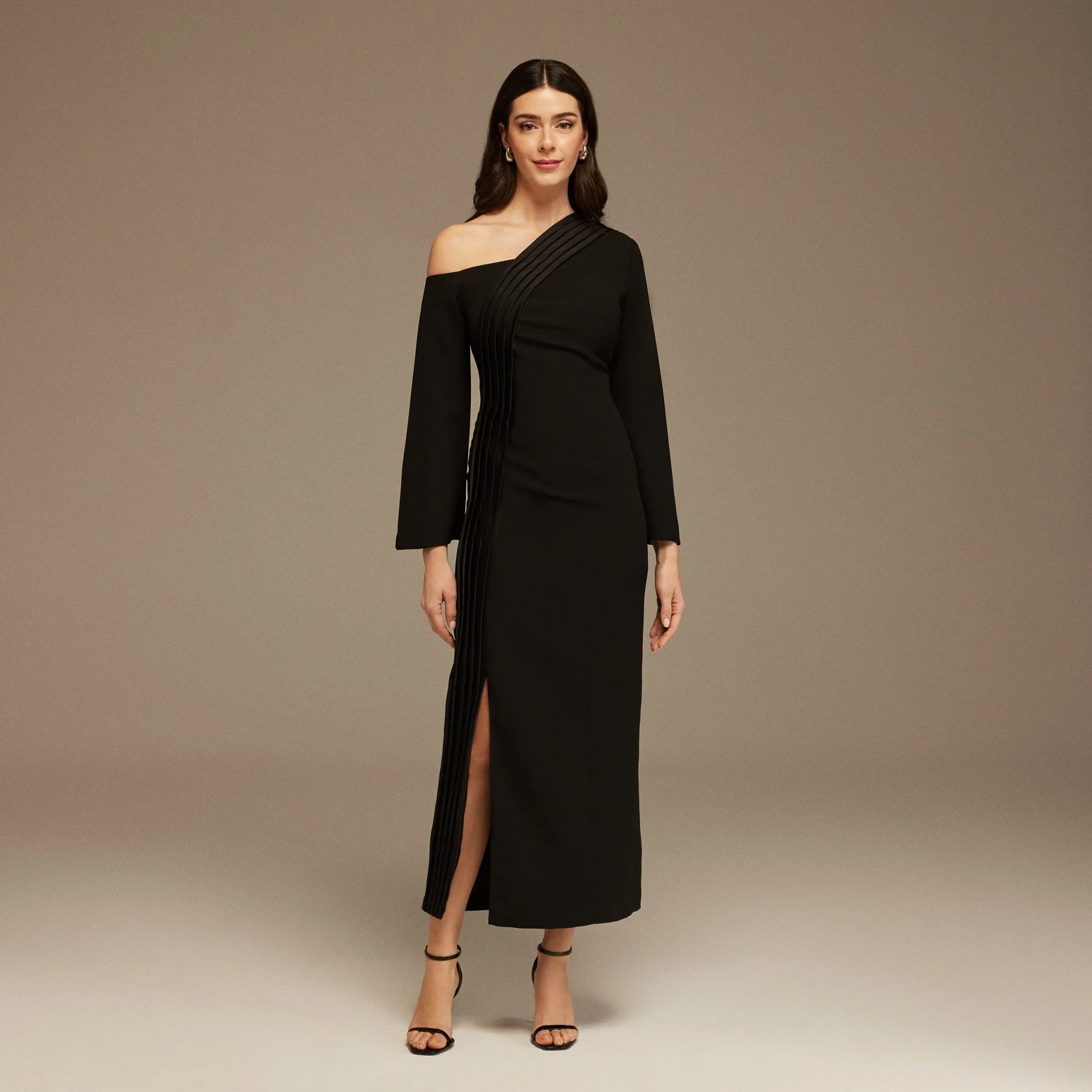 Black Open Shoulder Maxi Crepe Dress