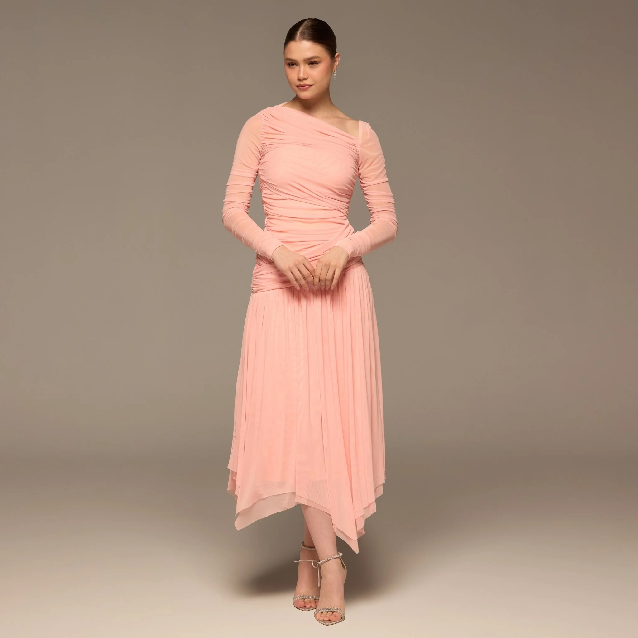 Pink Asymmetric Ruched Tulle Maxi Dress