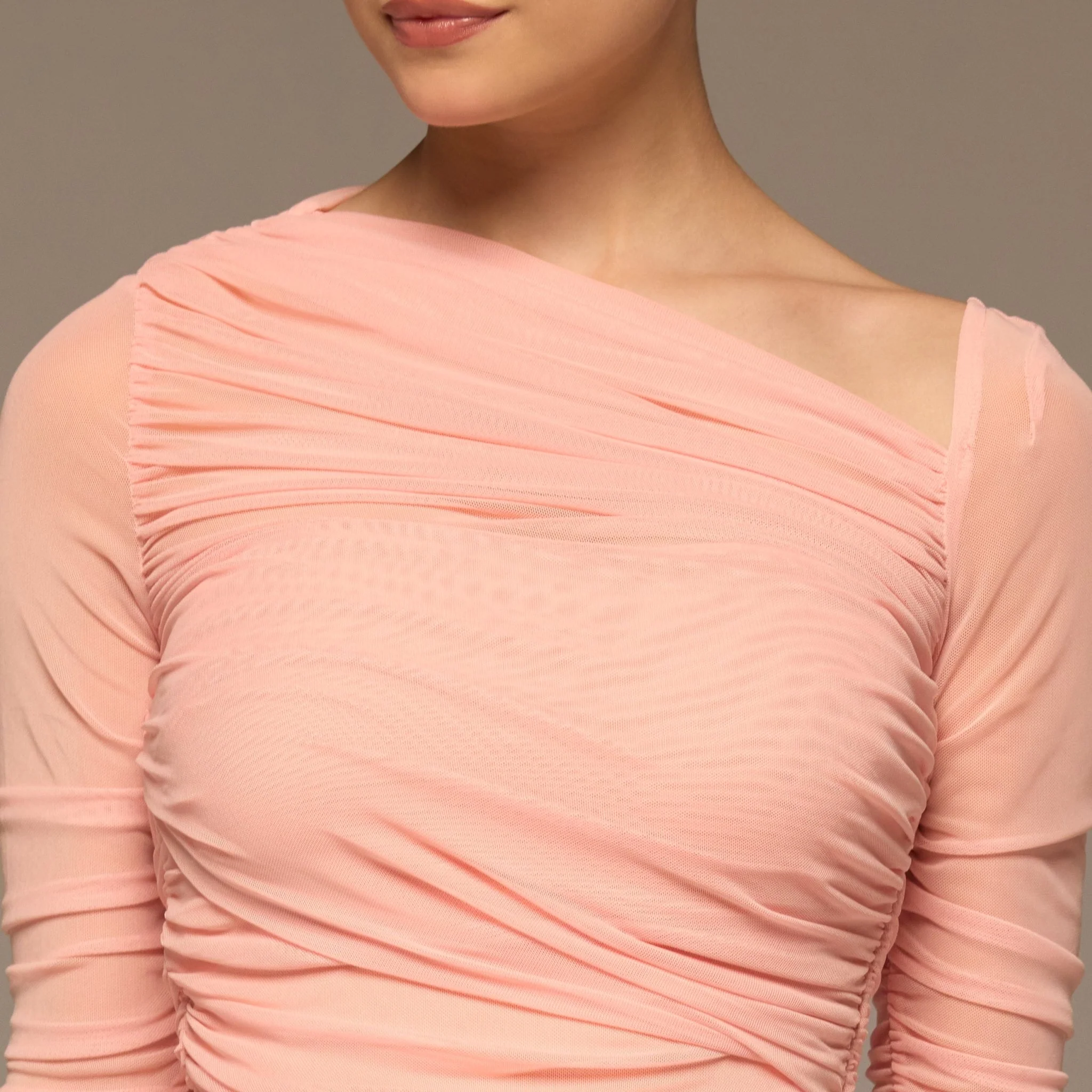 Pink Asymmetric Ruched Tulle Maxi Dress - Image 3
