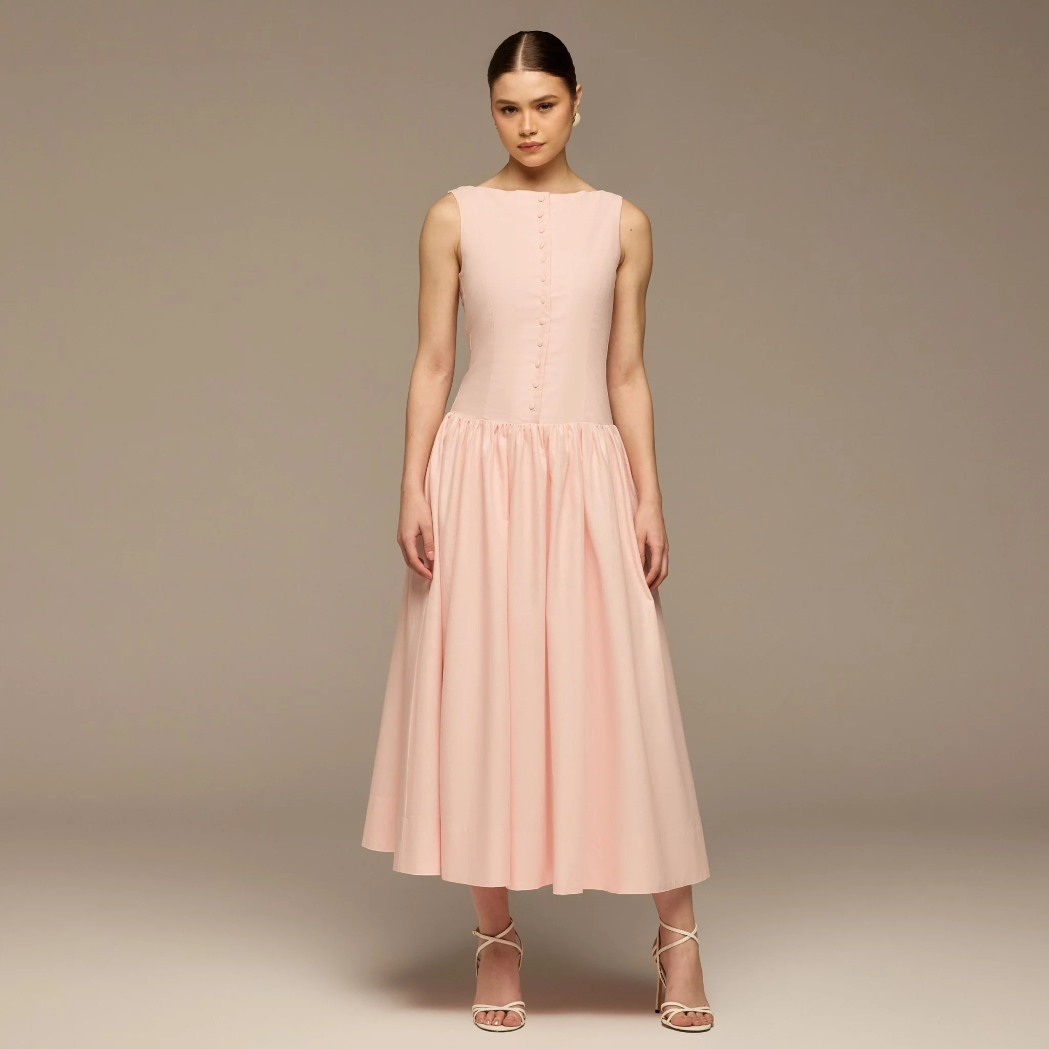 Pink Button-Front Linen Midi Dress