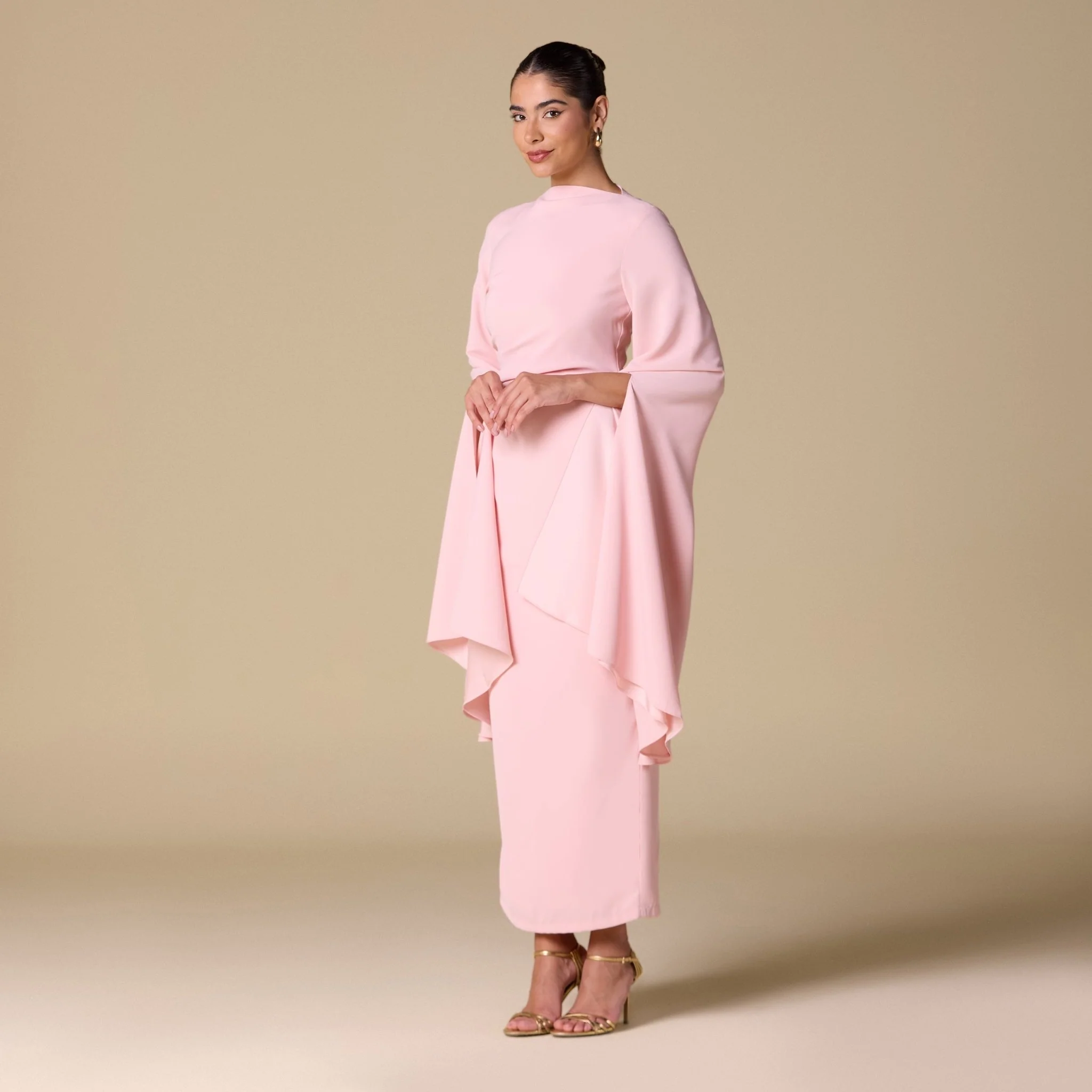 Pink Crepe Draped Midi Dress with dramatic cape sleeves - Image 2