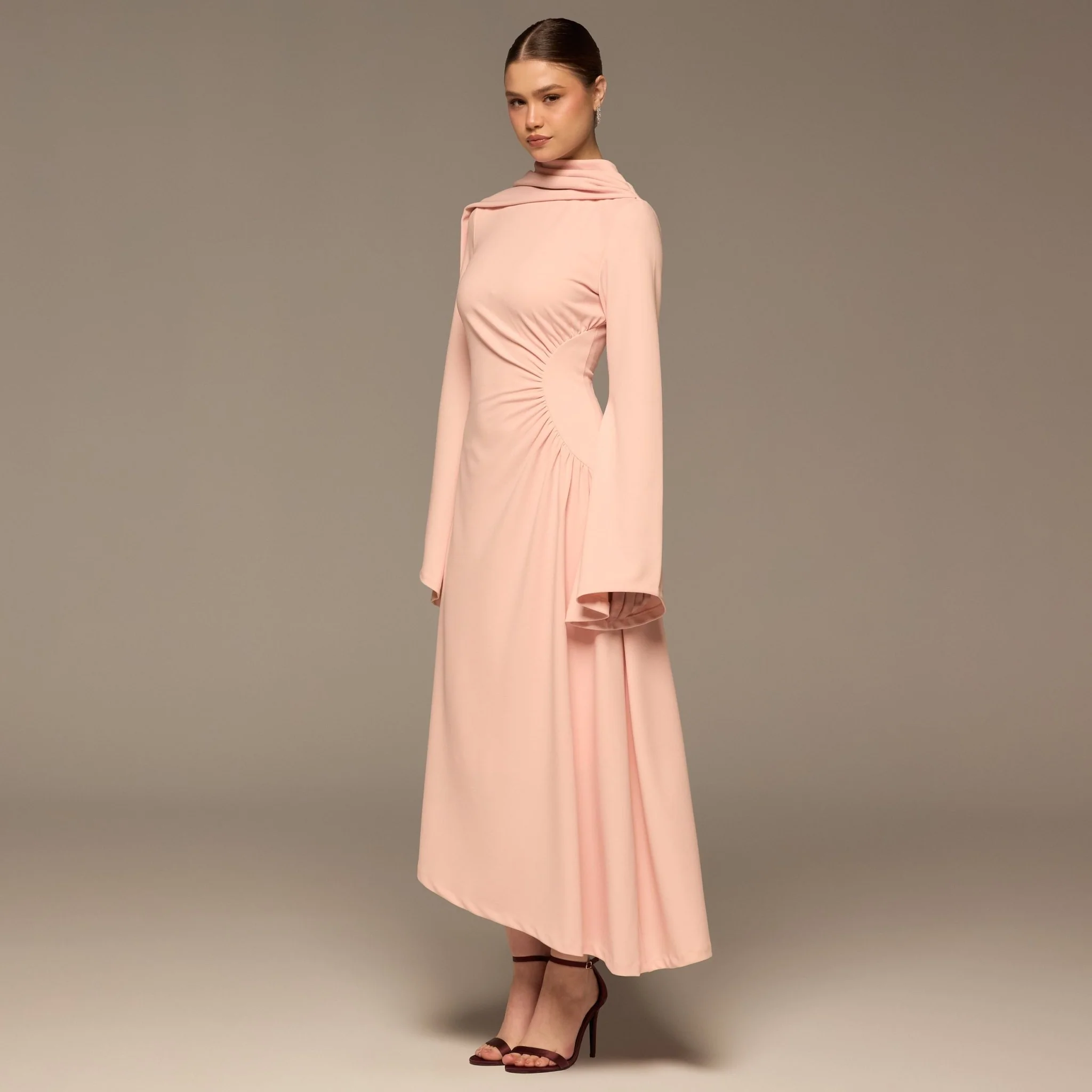 Pink Gathered Waist Midi Dress with Scarf - Image 2