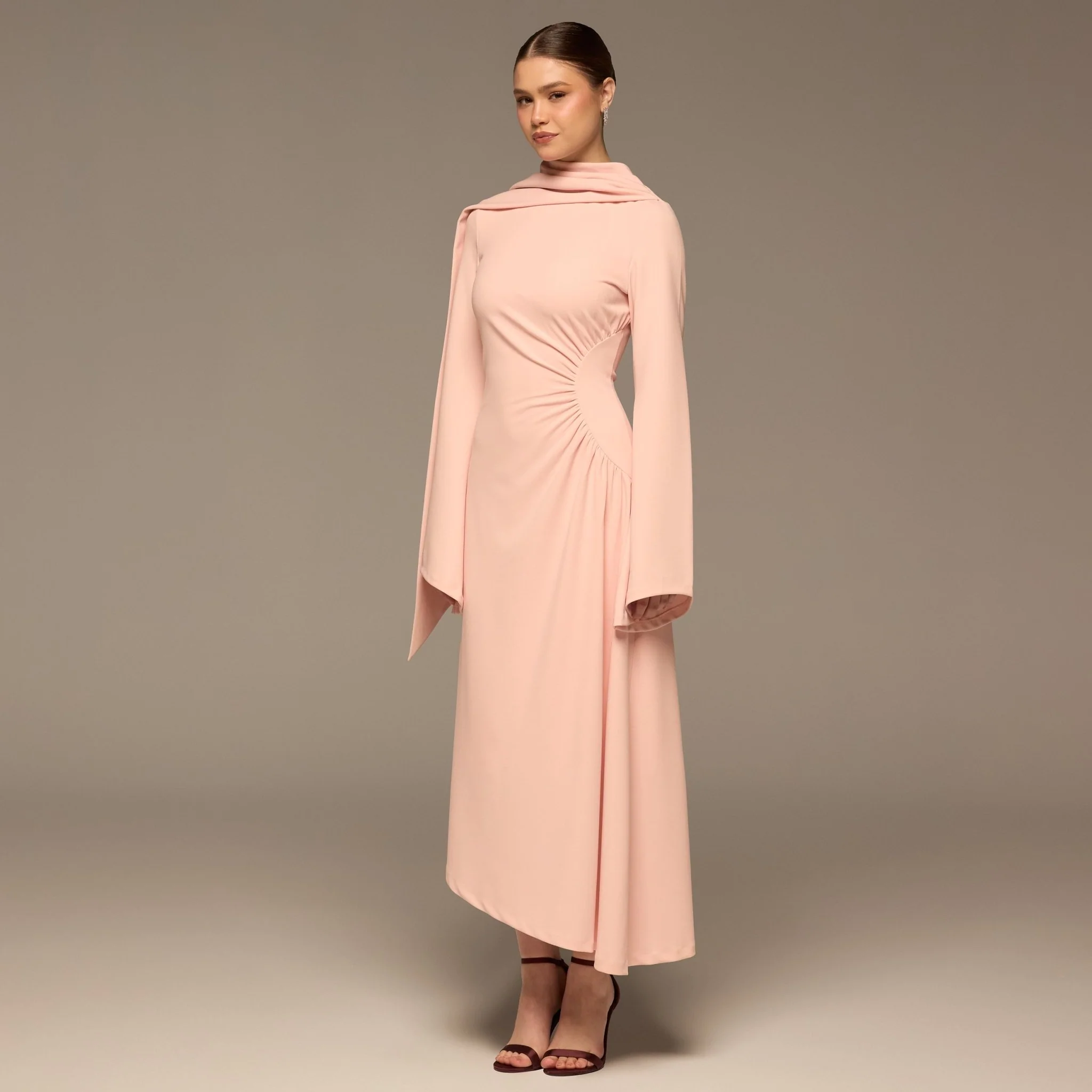 Pink Gathered Waist Midi Dress with Scarf - Image 3