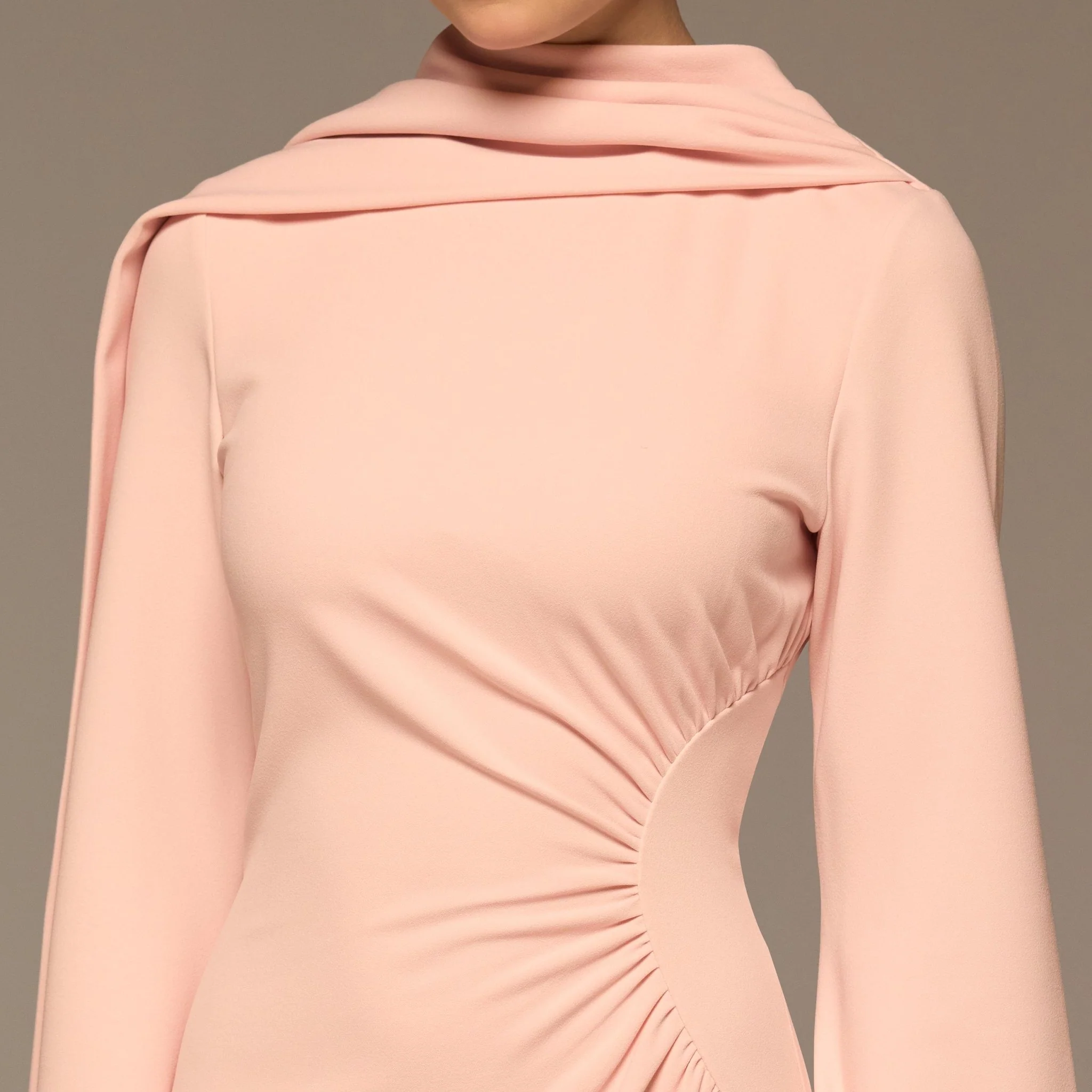 Pink Gathered Waist Midi Dress with Scarf - Image 4