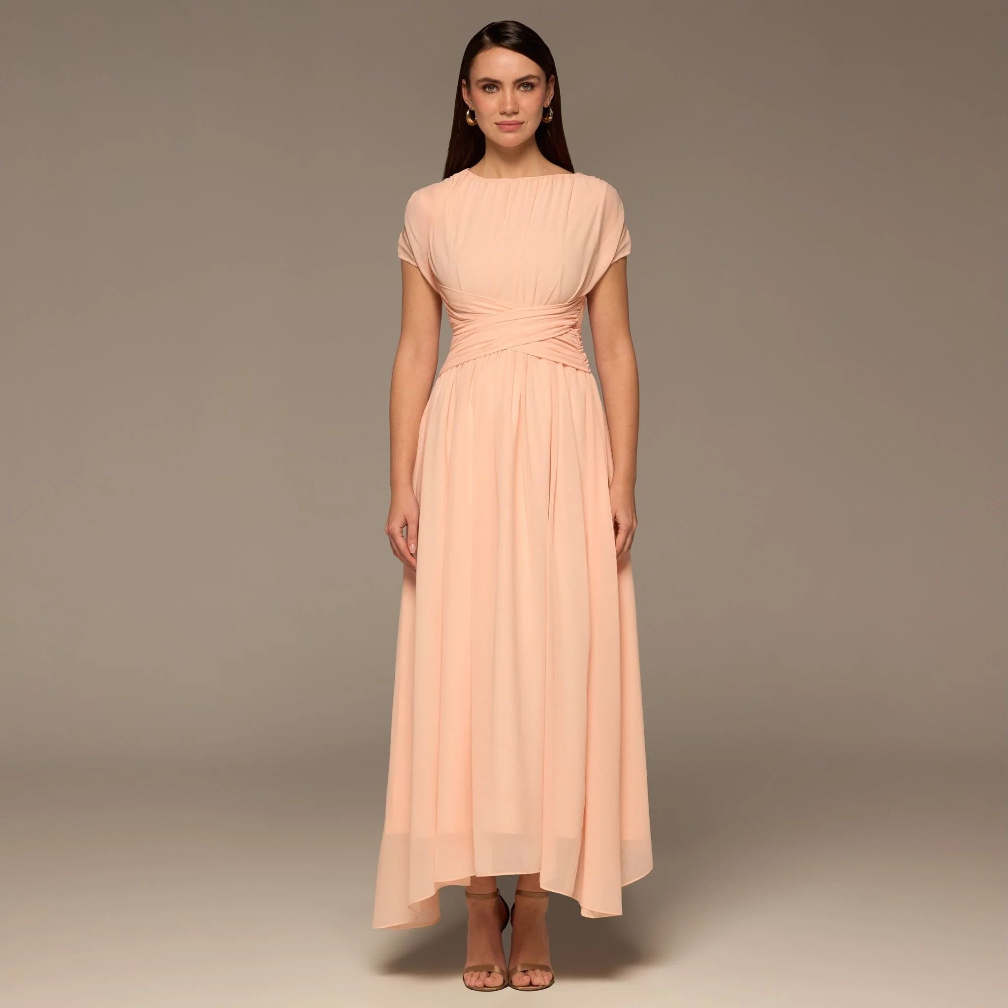 Pink Pleated High-Low Dress with Draped Bodice