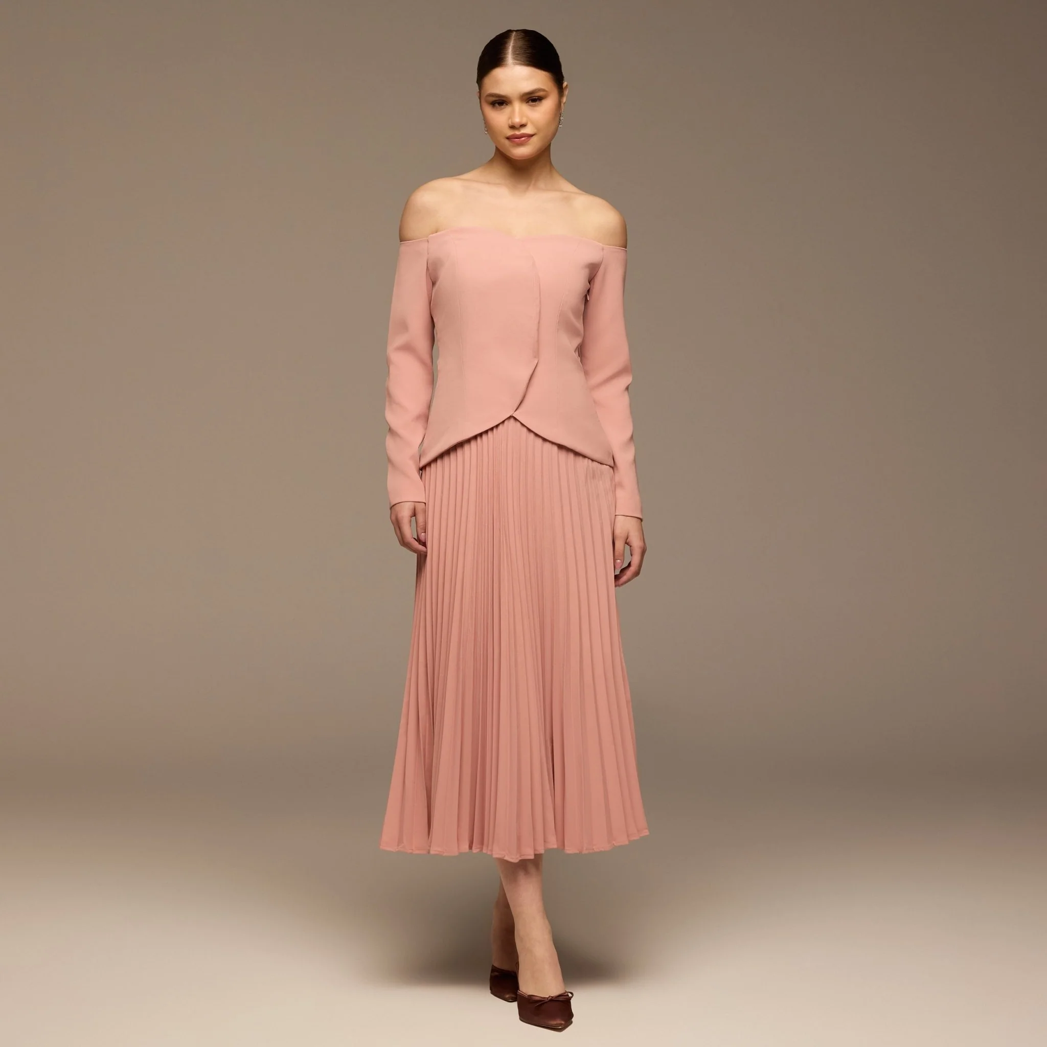 Pink Crepe & Chiffon Pleated Maxi Dress