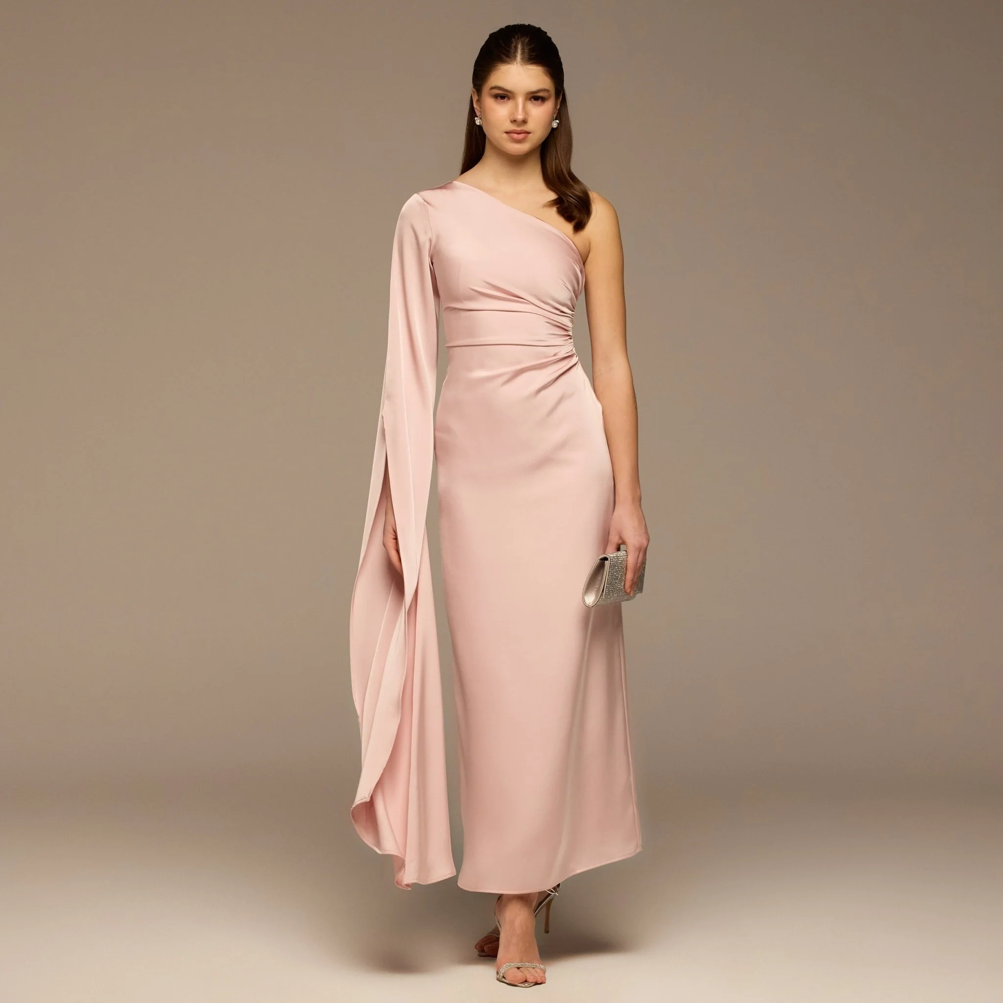 Pink One-Shoulder Gathered Waist Satin Dress
