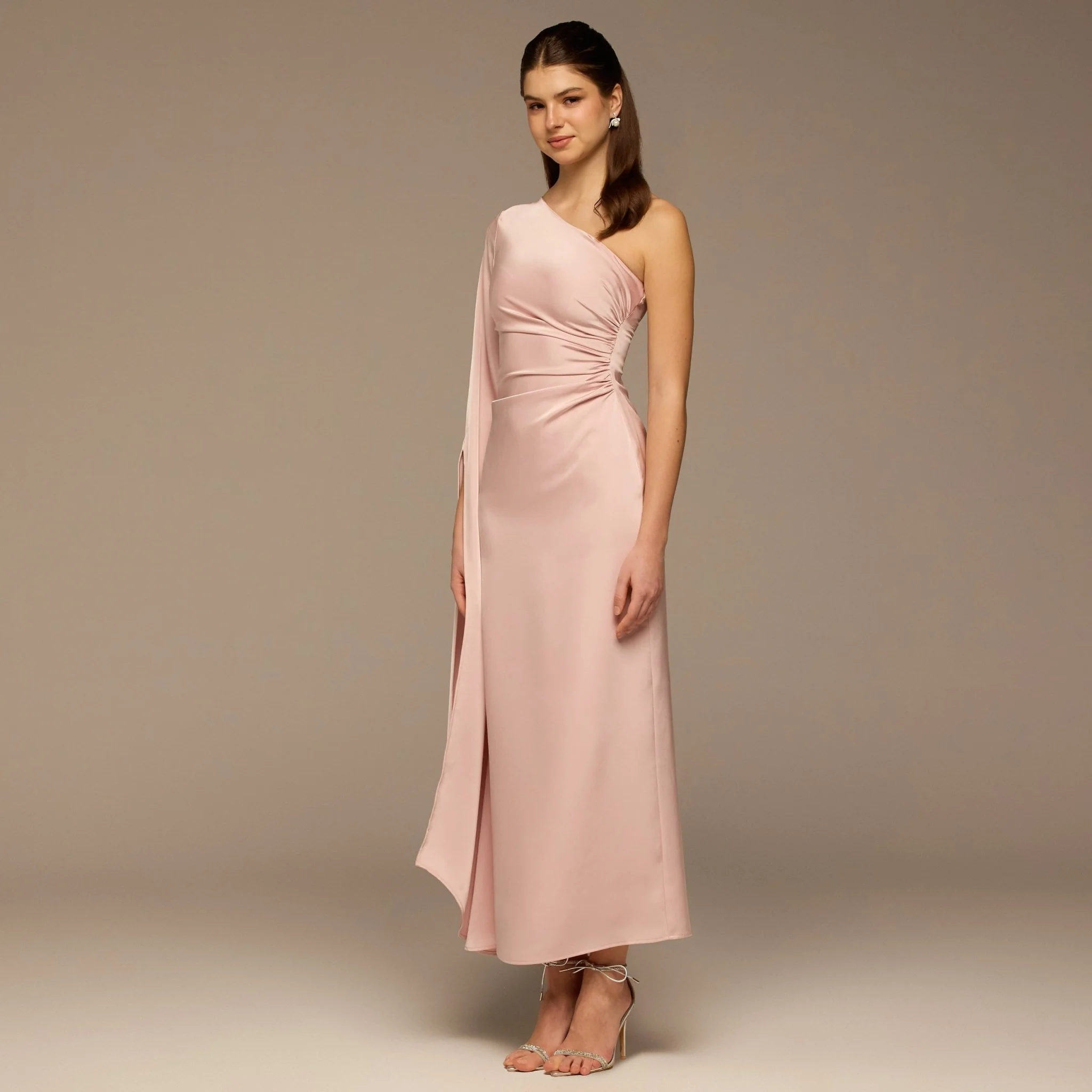Pink One-Shoulder Gathered Waist Satin Dress - Image 3