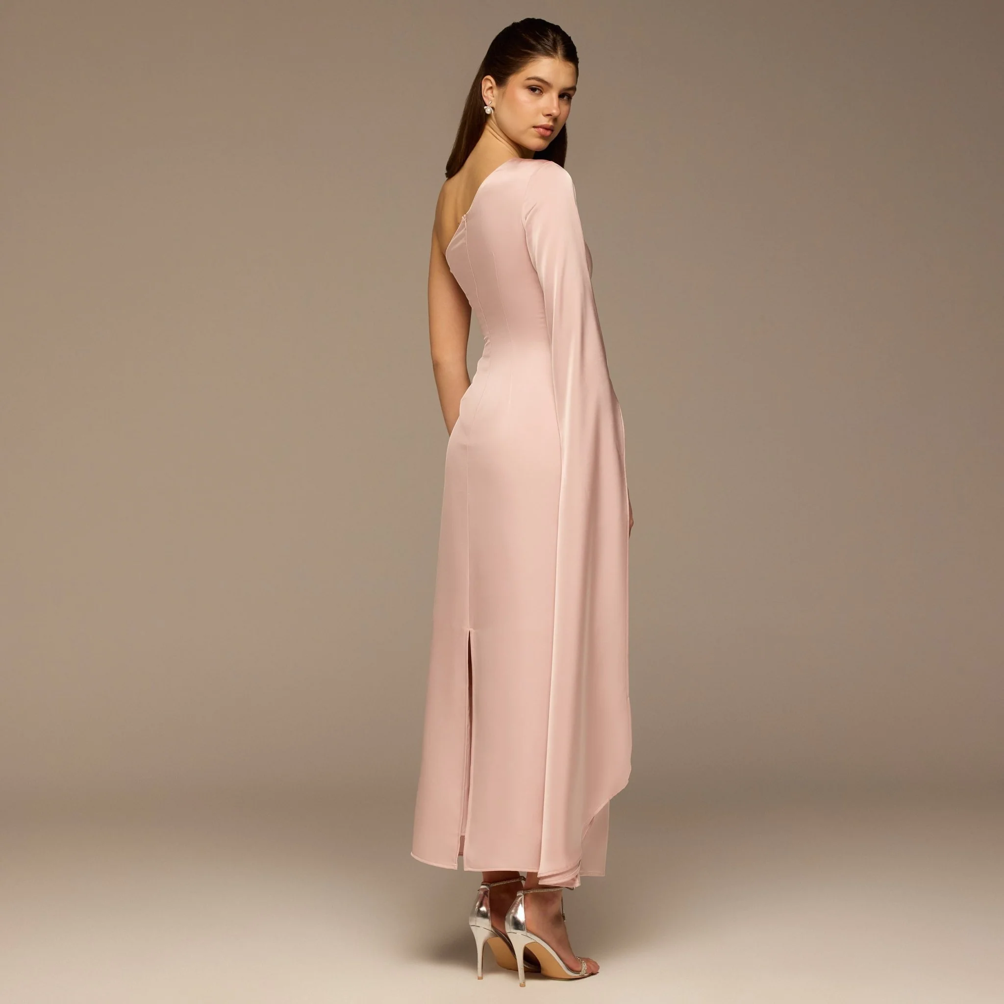 Pink One-Shoulder Gathered Waist Satin Dress - Image 5