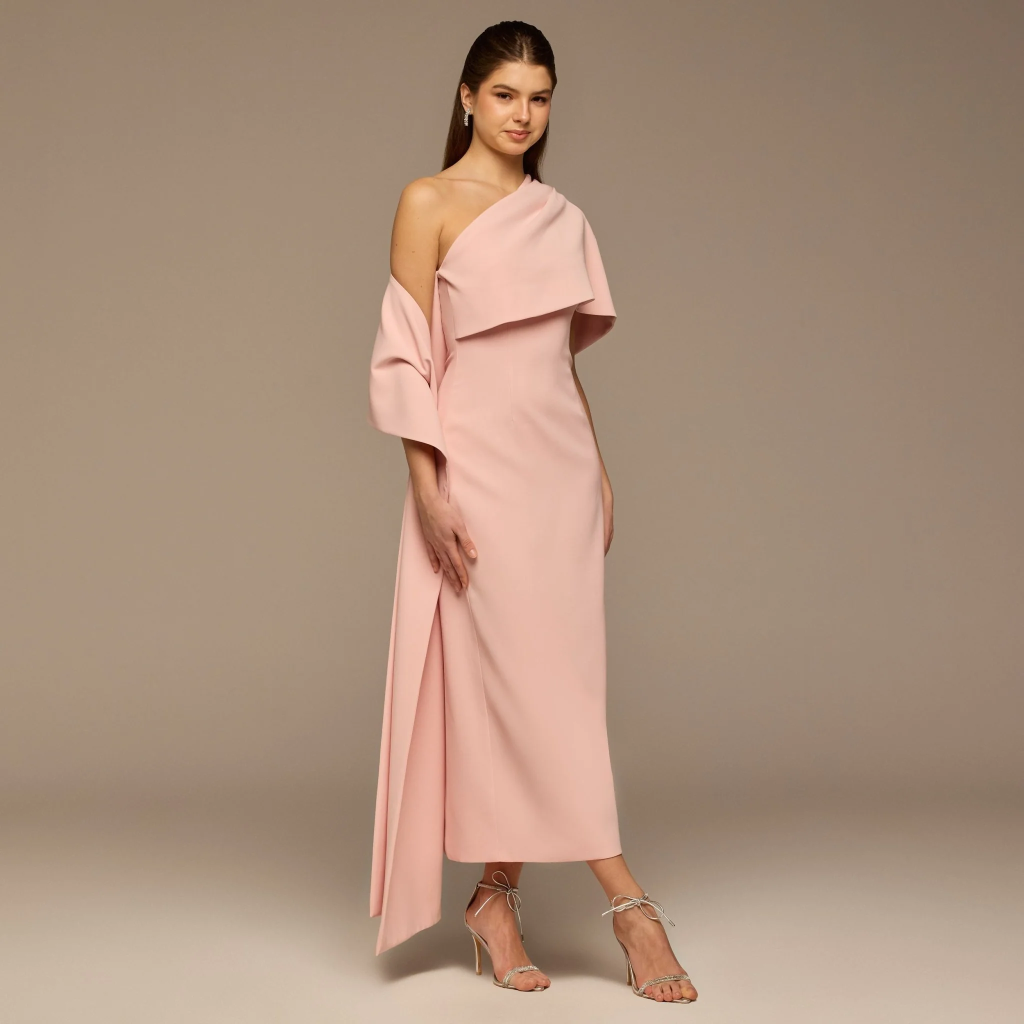 Blush One Shoulder Draped Crepe Dress - Image 2