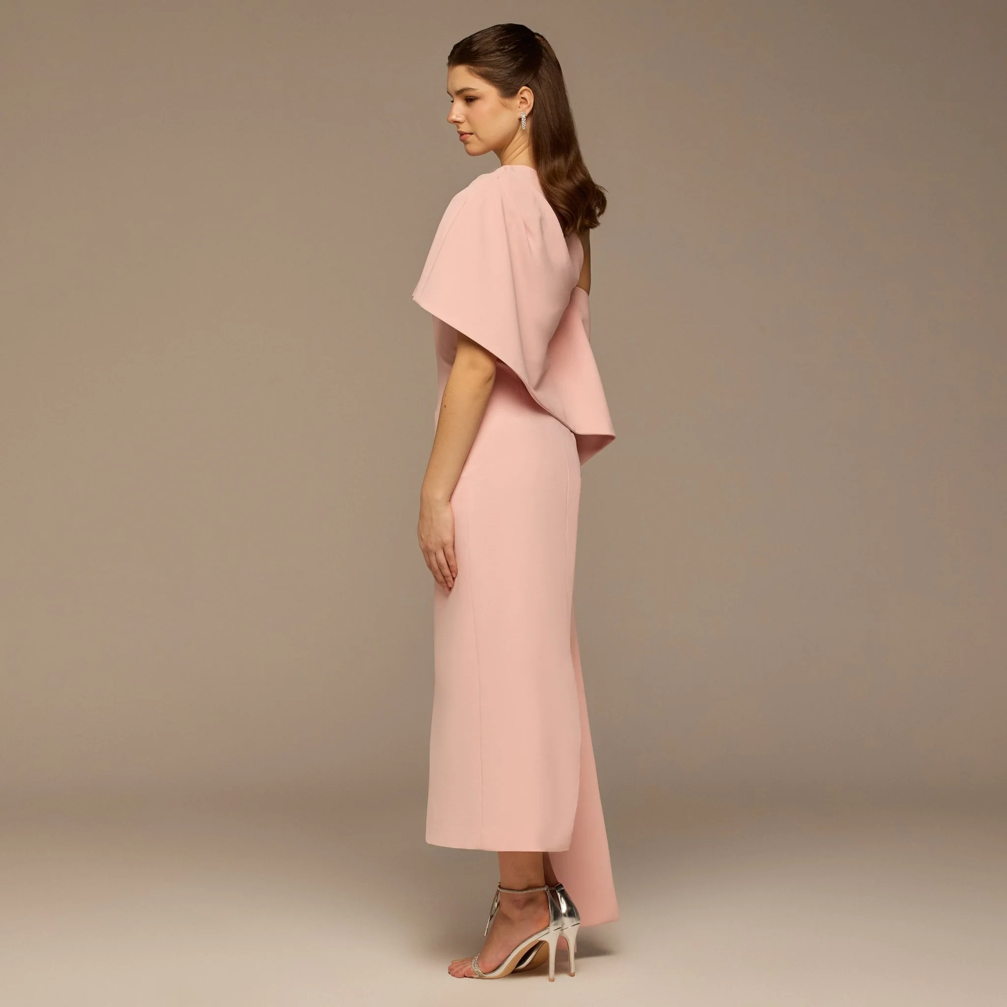 Blush One Shoulder Draped Crepe Dress - Image 4