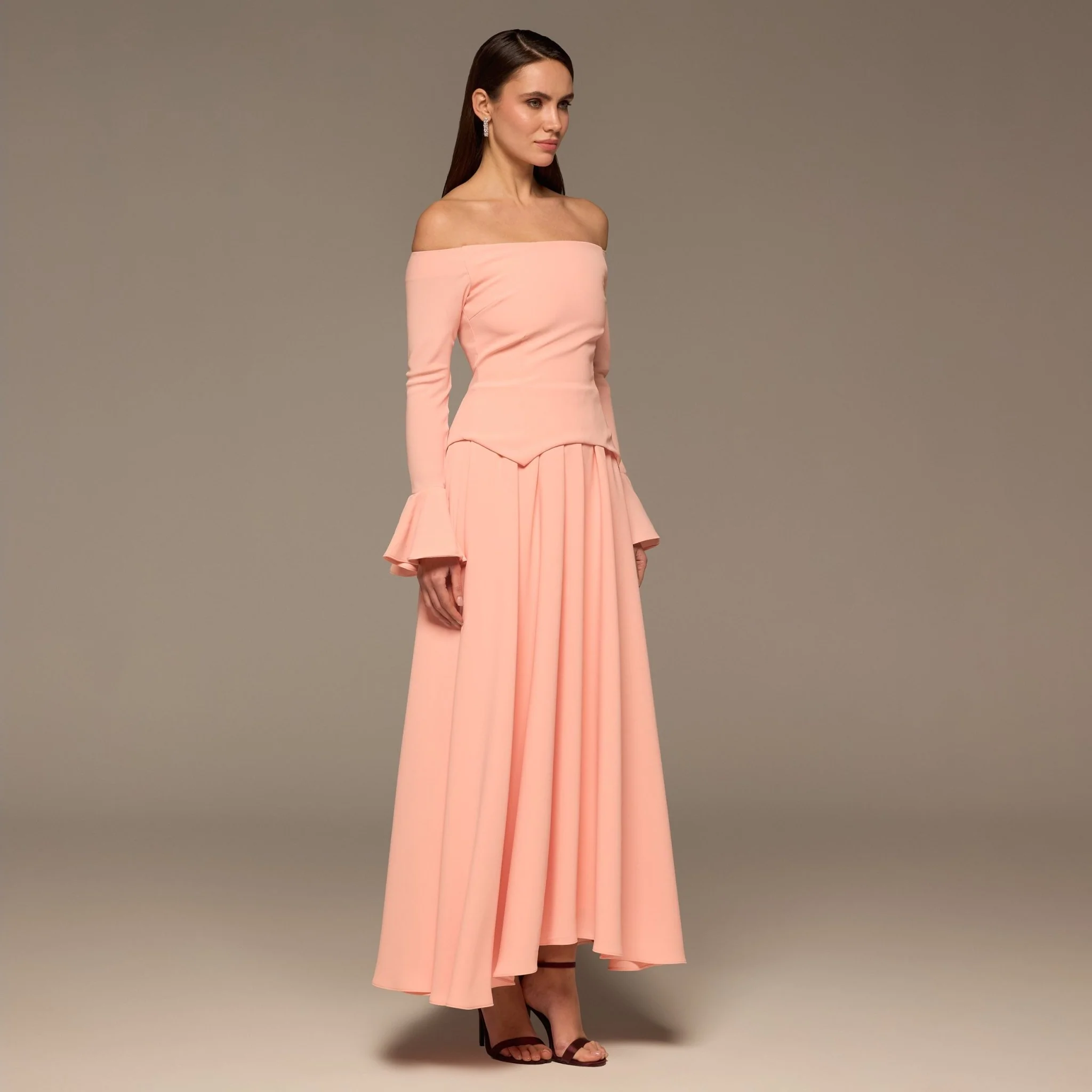 Pink Off-Shoulder Flare-Cuff Crepe Dress - Image 2