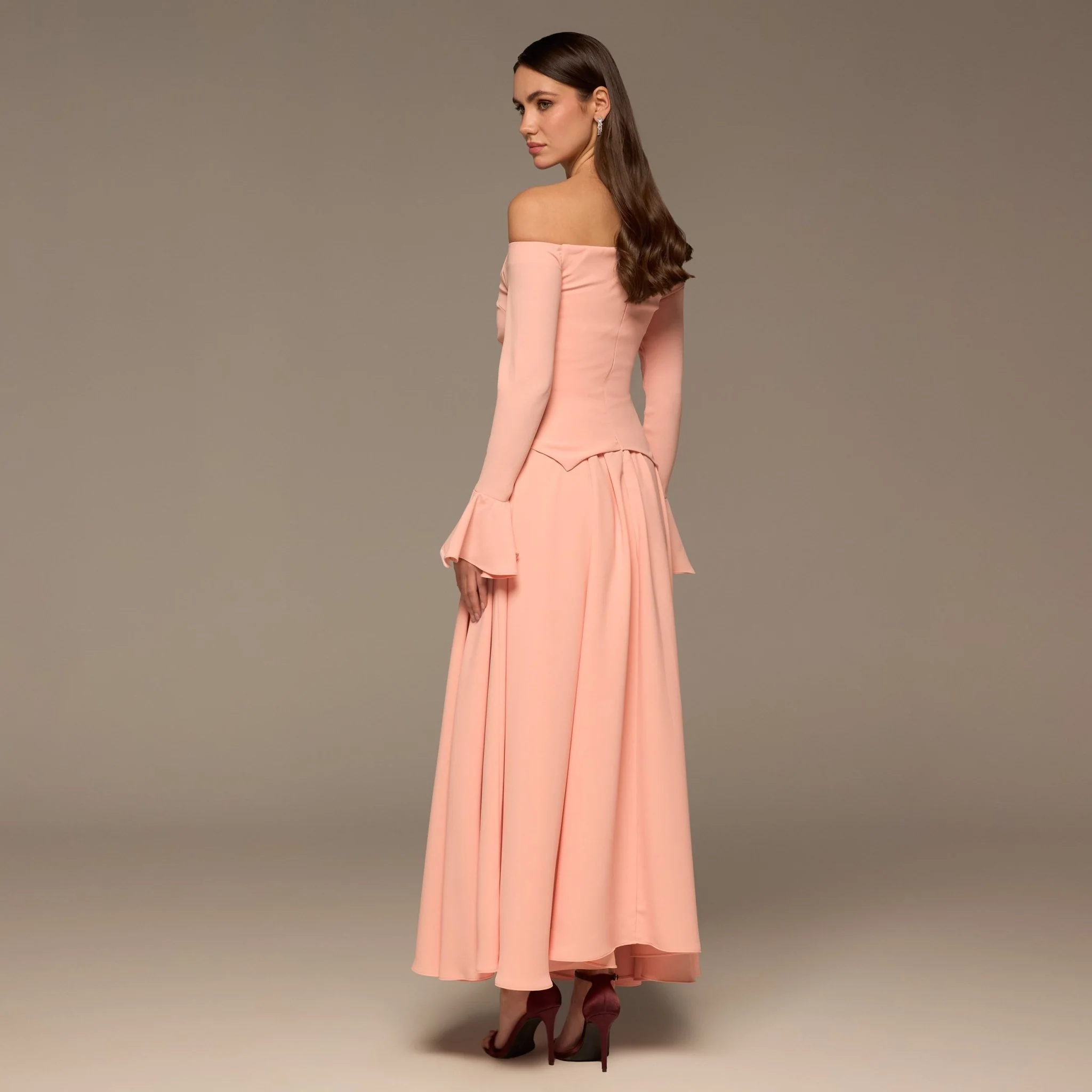 Pink Off-Shoulder Flare-Cuff Crepe Dress - Image 4