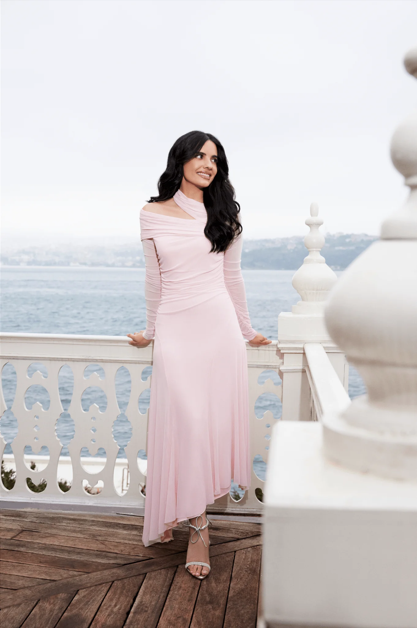 Pink Diagonal Neck Tulle Maxi Dress