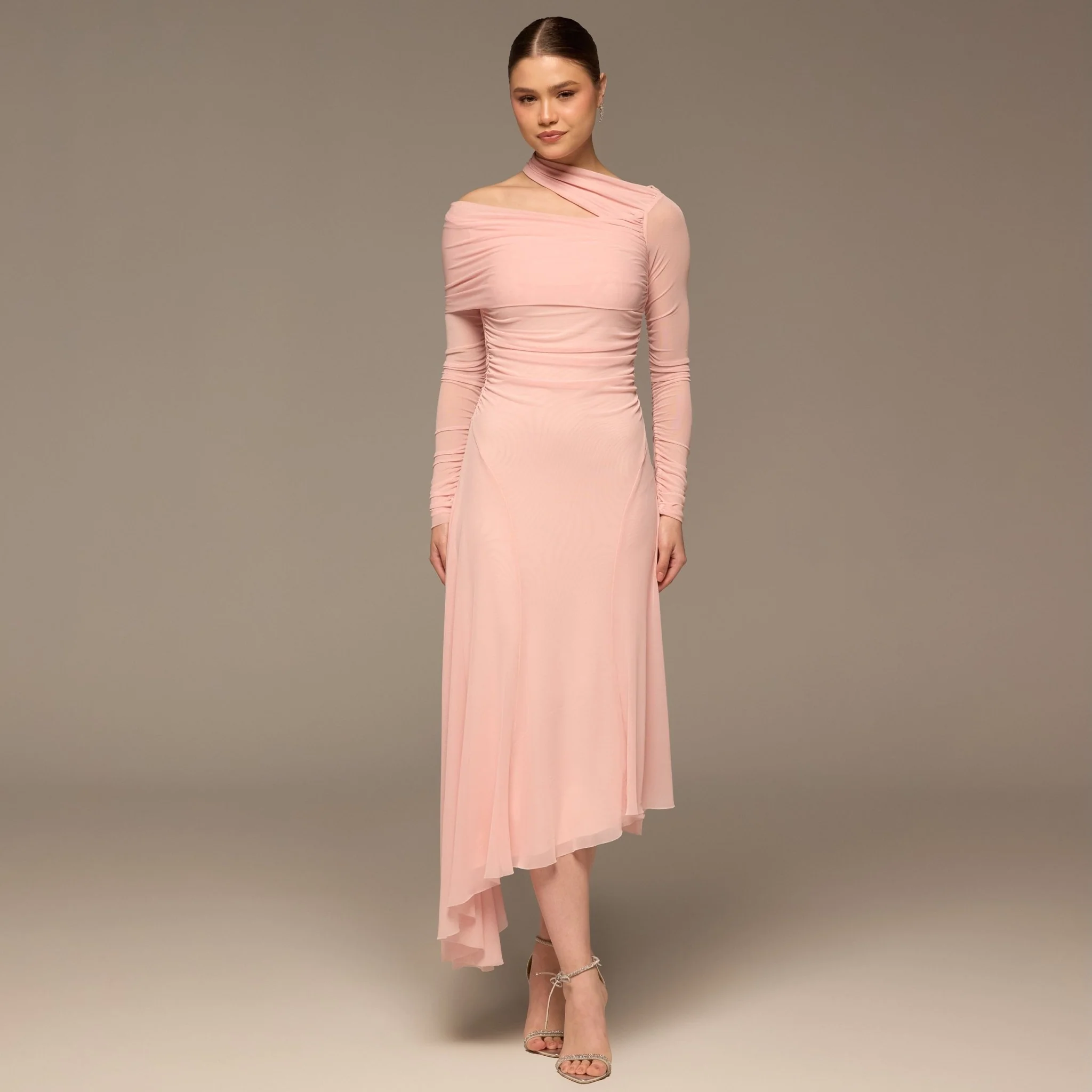 Pink Diagonal Neck Tulle Maxi Dress - Image 3