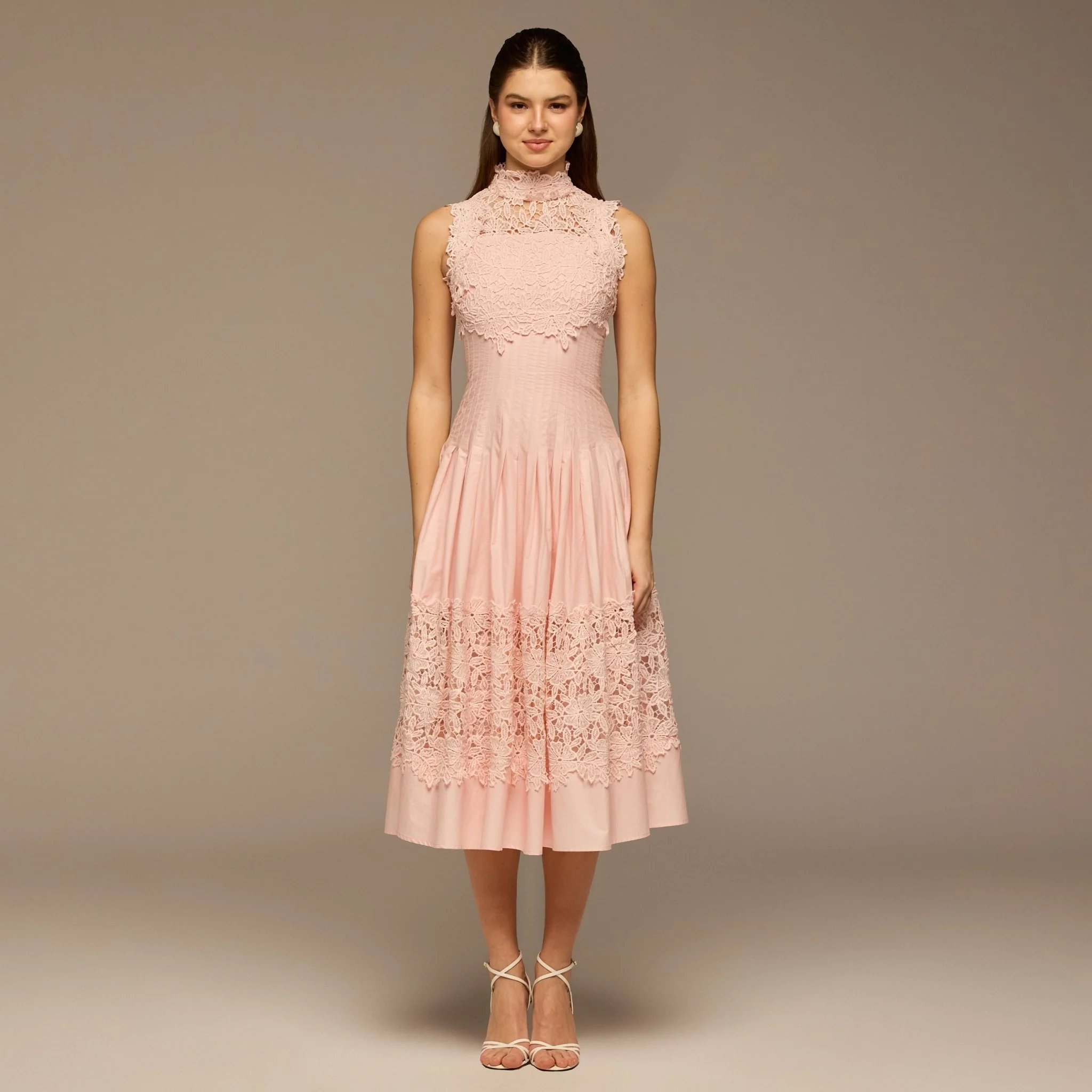Pink Lace-Paneled Cotton Midi Dress