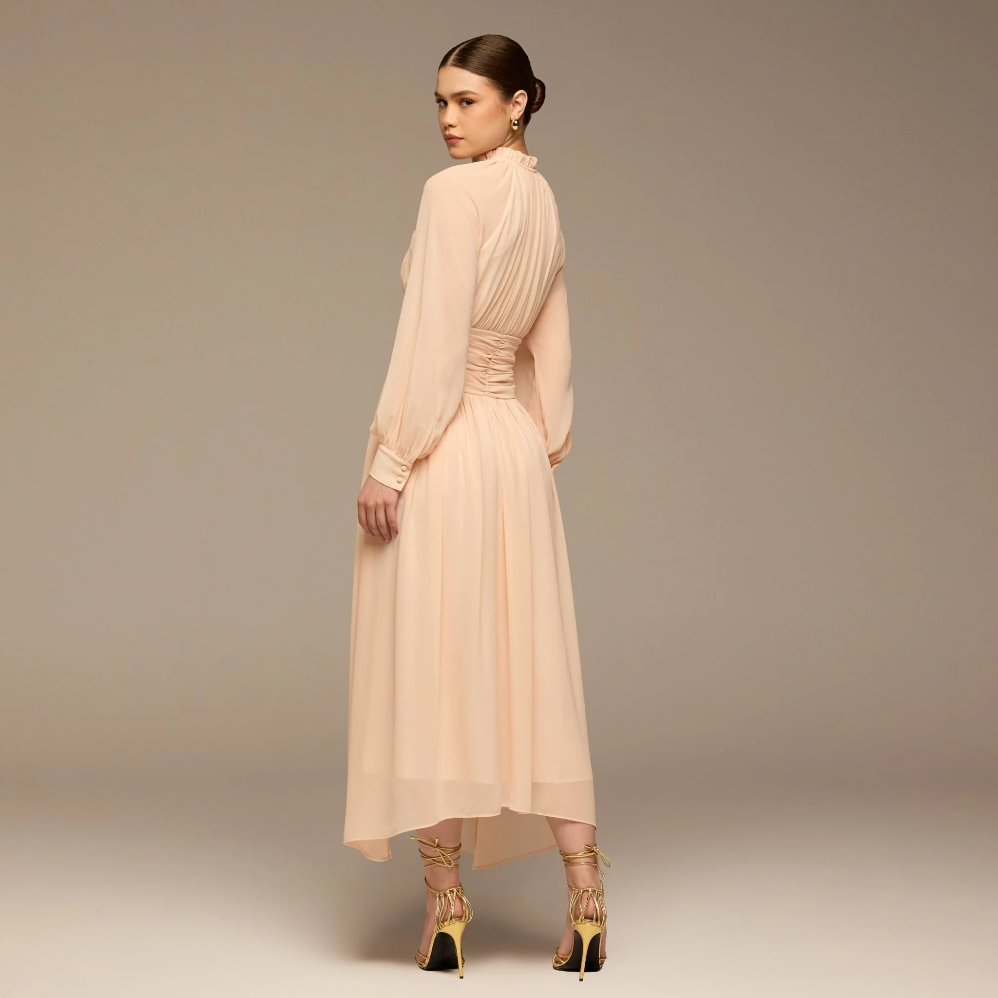 Pink Gathered Waist Chiffon Maxi Dress - Image 4