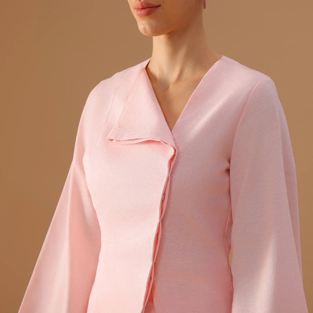 Pink Long-Sleeve Linen Blend set Top And Skirt - Image 4