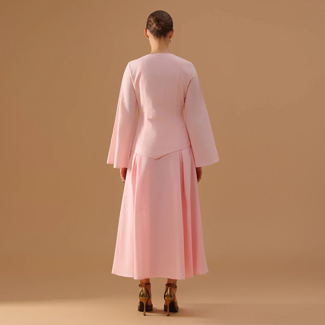 Pink Long-Sleeve Linen Blend set Top And Skirt - Image 5