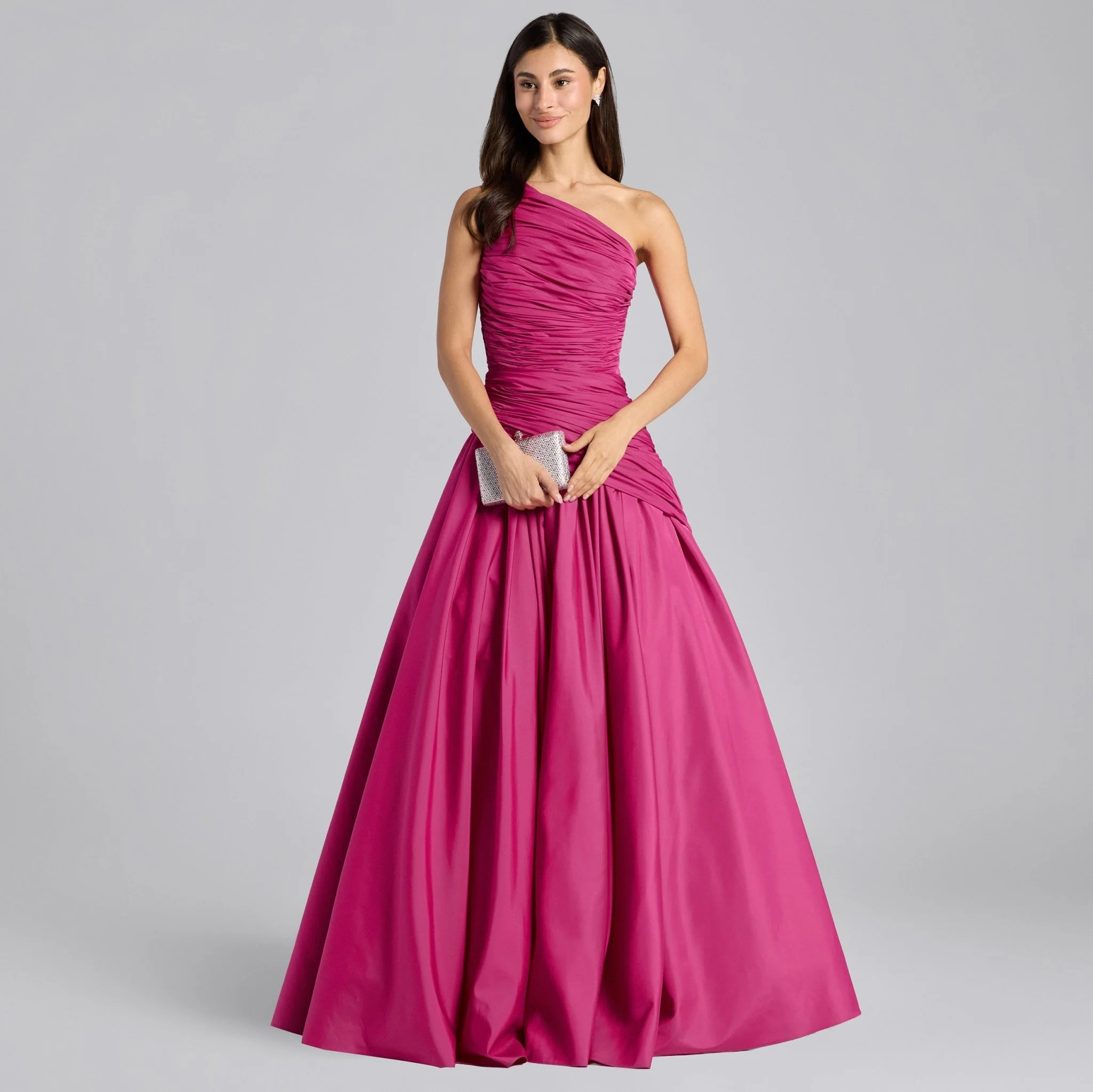 Pink One Shoulder Ruched Gown