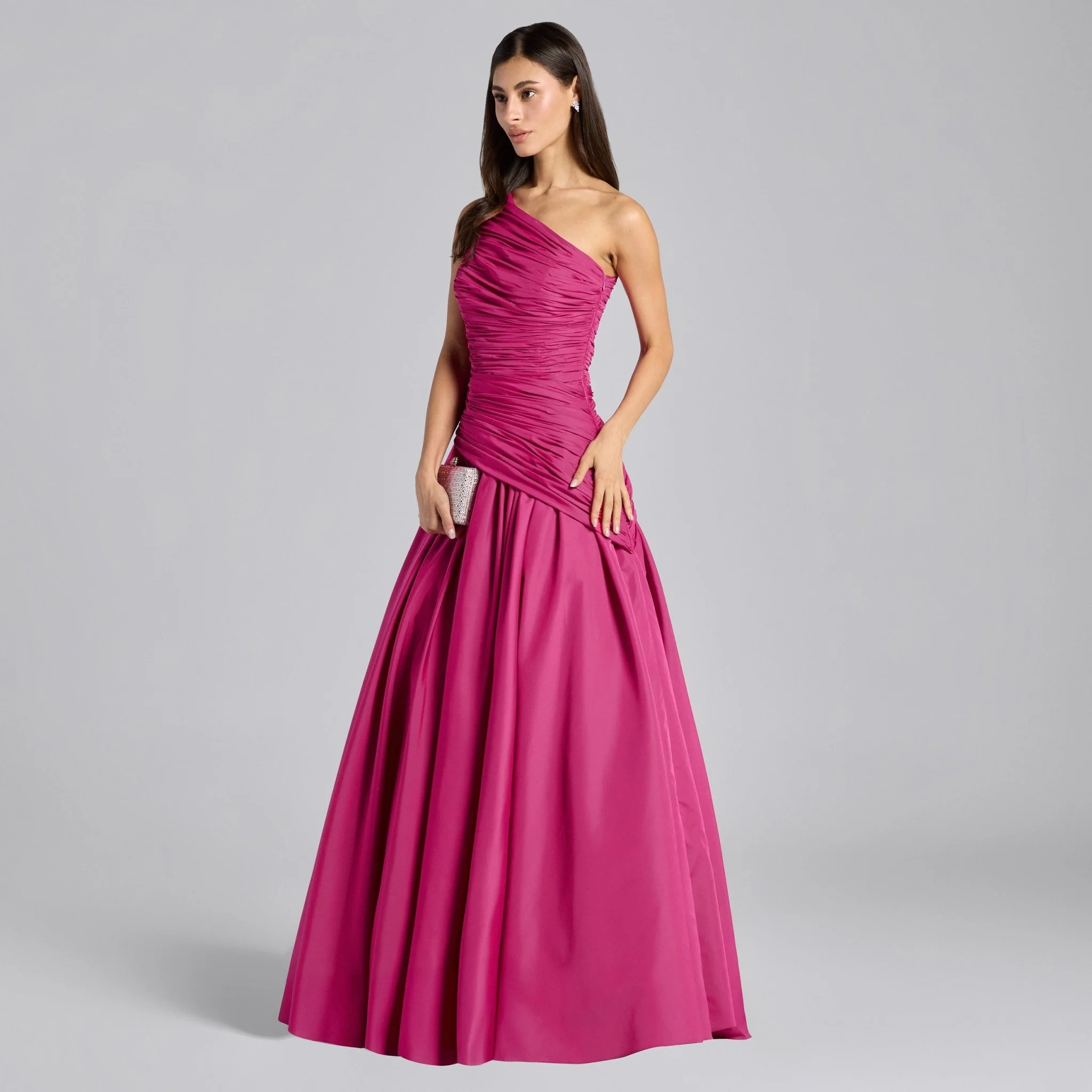 Pink One Shoulder Ruched Gown - Image 2