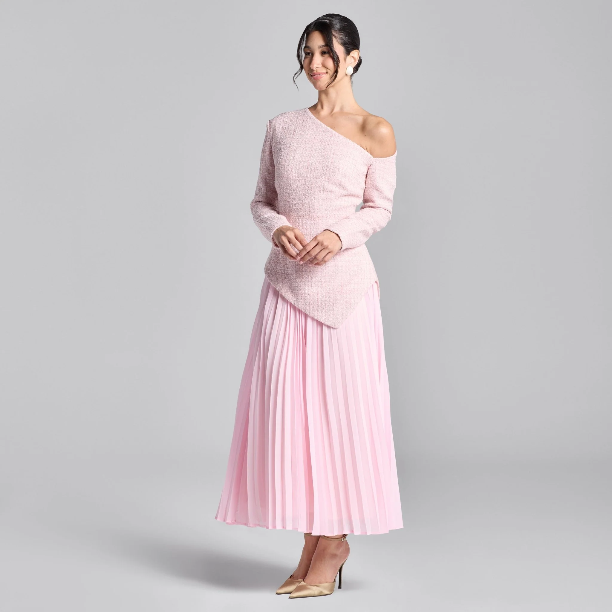 Pink One-Shoulder Tweed-Chiffon Maxi Dress - Image 2