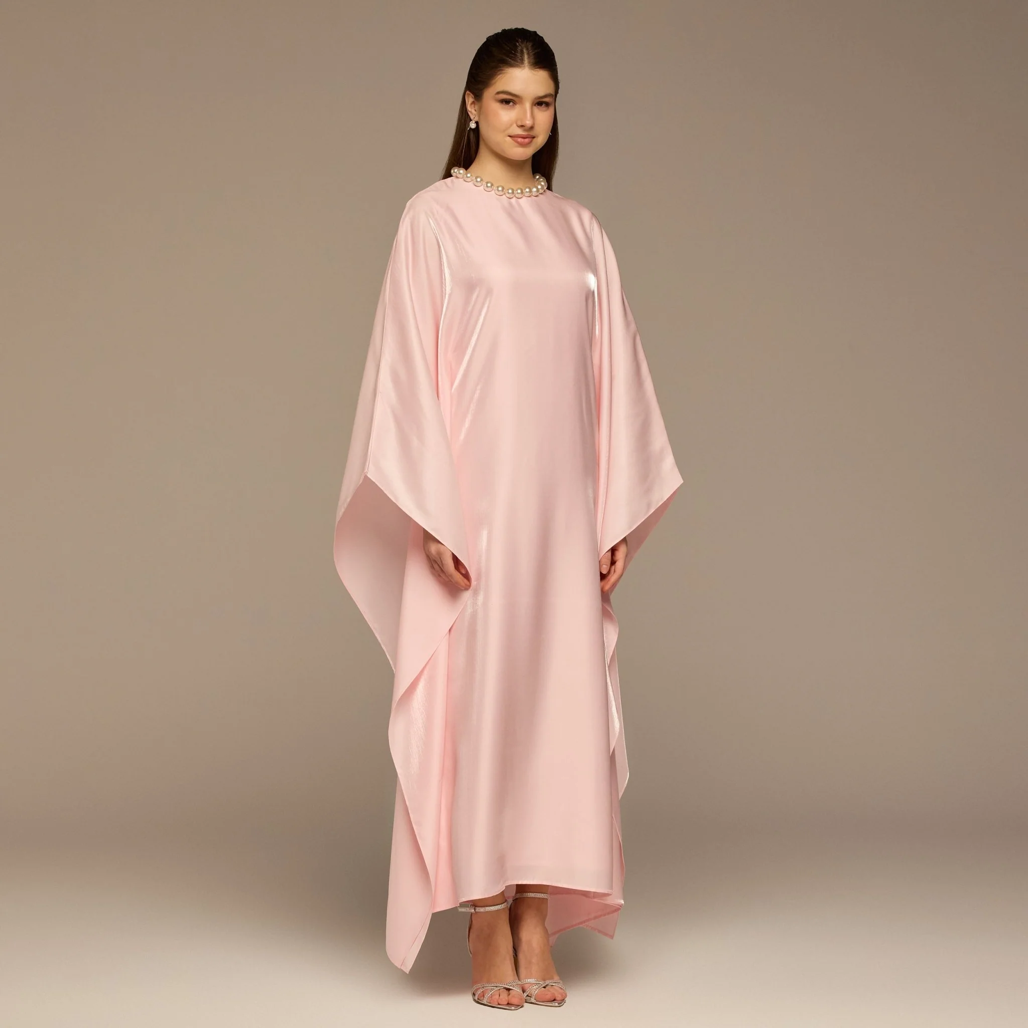 Pink Fitted Maxi Dress with Organza Overlay - Image 2