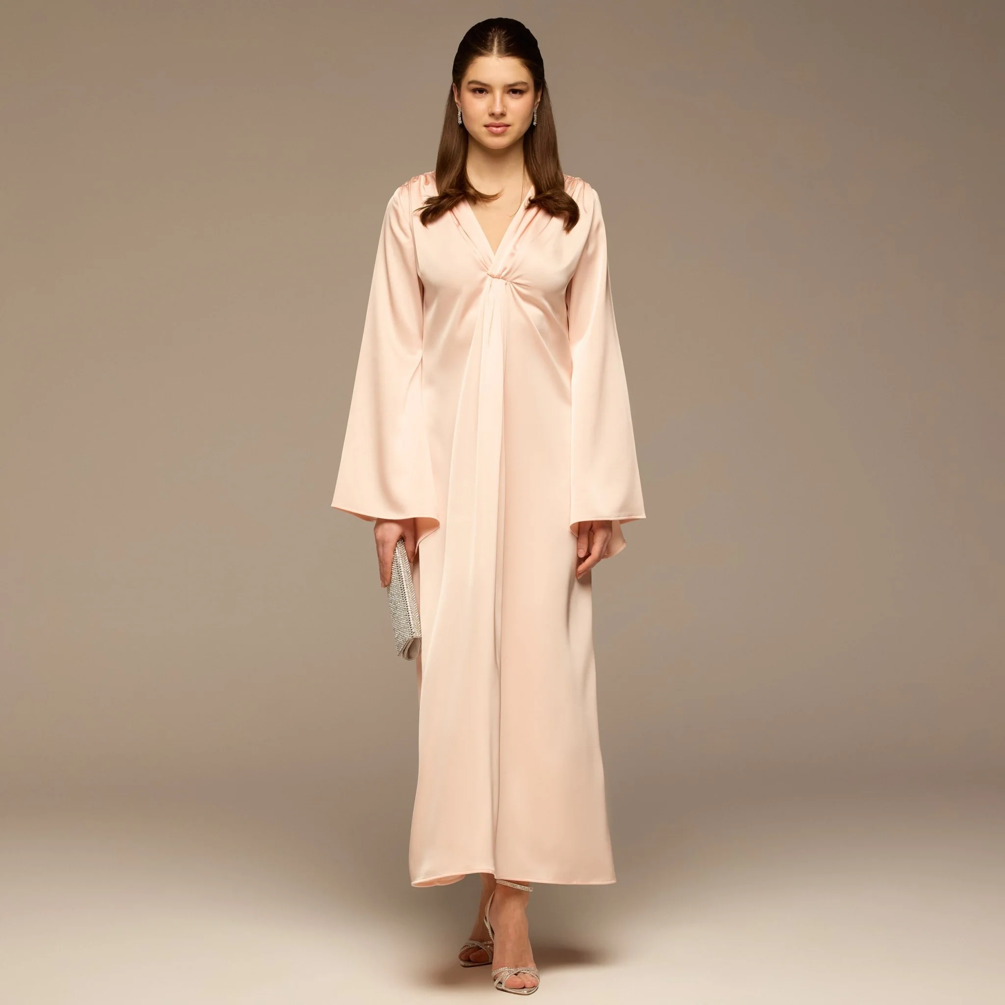 Pink V-Neck Flared Sleeve Satin Kaftan